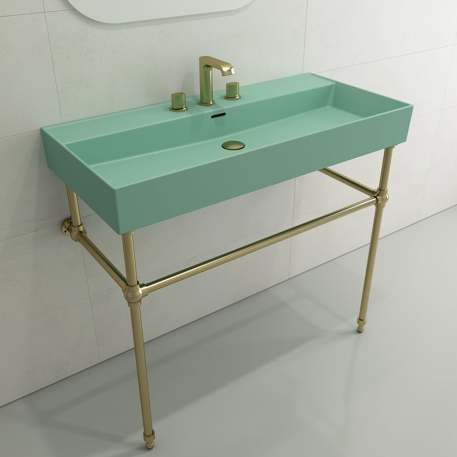 BOCCHI Milano 40" Rectangle Wallmount Fireclay Bathroom Sink, Matte Mint Green, 3 Faucet Hole, 1378-033-0127