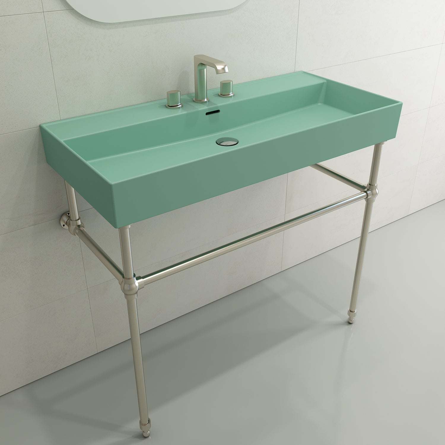 BOCCHI Milano 40" Rectangle Wallmount Fireclay Bathroom Sink, Matte Mint Green, 3 Faucet Hole, 1378-033-0127