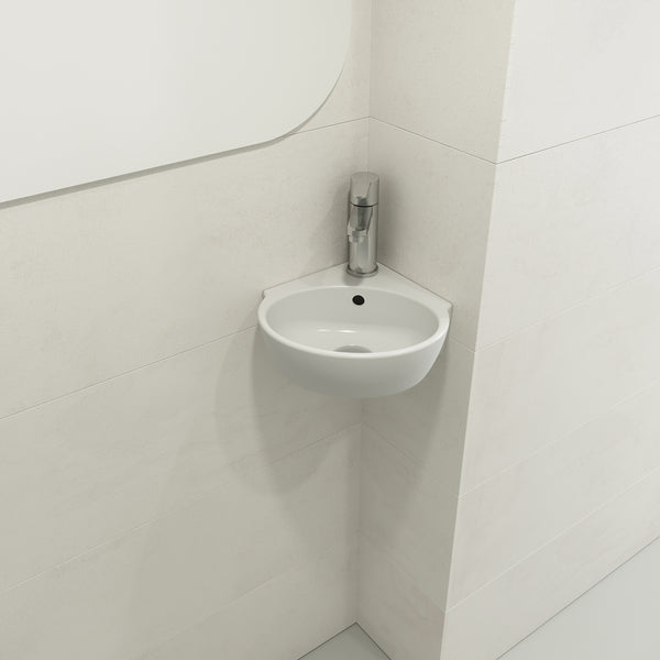 BOCCHI Milano 13" Oval Corner Fireclay Bathroom Sink, Matte White, Single Faucet Hole, 1392-002-0126