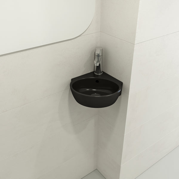 BOCCHI Milano 13" Oval Corner Fireclay Bathroom Sink, Matte Black, Single Faucet Hole, 1392-004-0126