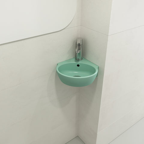 BOCCHI Milano 13" Oval Corner Fireclay Bathroom Sink, Matte Mint Green, Single Faucet Hole, 1392-033-0126