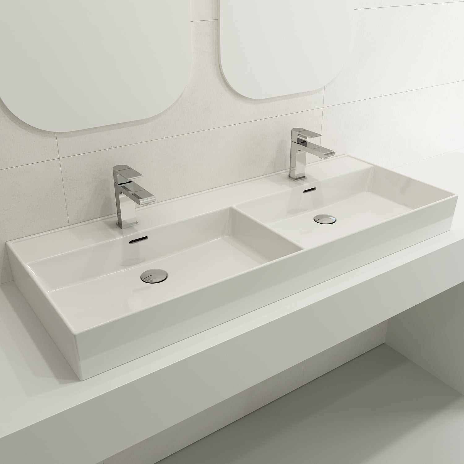 BOCCHI Milano 48" Rectangle Wallmount Fireclay Bathroom Sink, Double Basin, White, Single Faucet Hole, 1393-001-0132