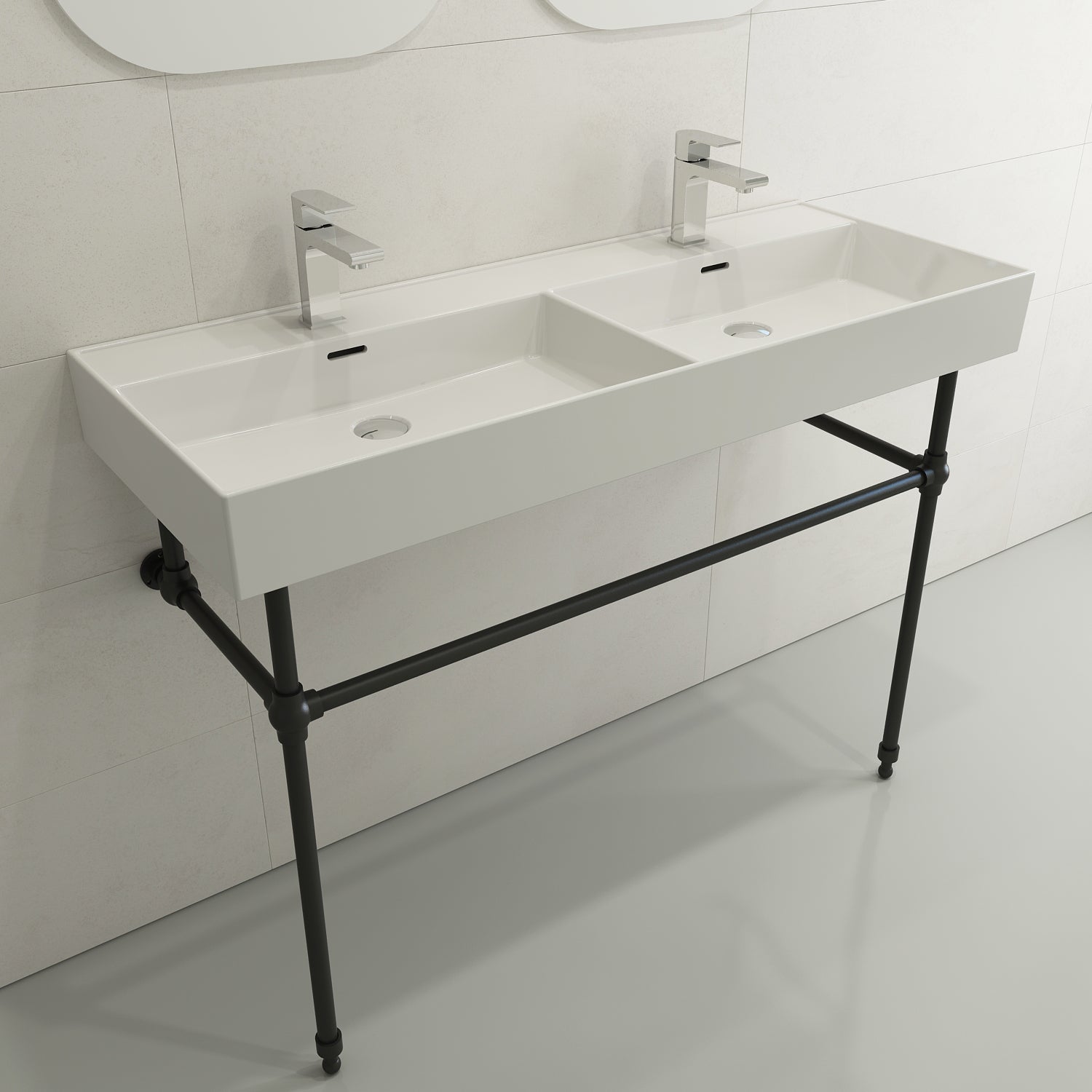 BOCCHI Milano 48" Rectangle Wallmount Fireclay Bathroom Sink, Double Basin, White, Single Faucet Hole, 1393-001-0132