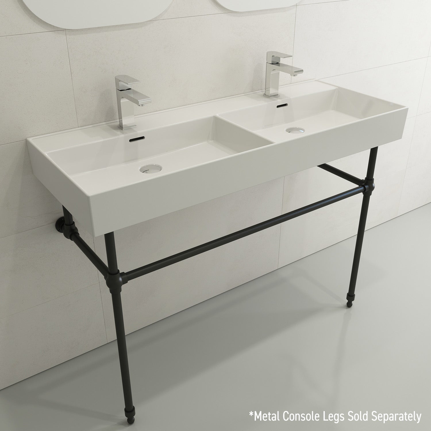 BOCCHI Milano 48" Rectangle Wallmount Fireclay Bathroom Sink, Double Basin, White, Single Faucet Hole, 1393-001-0132