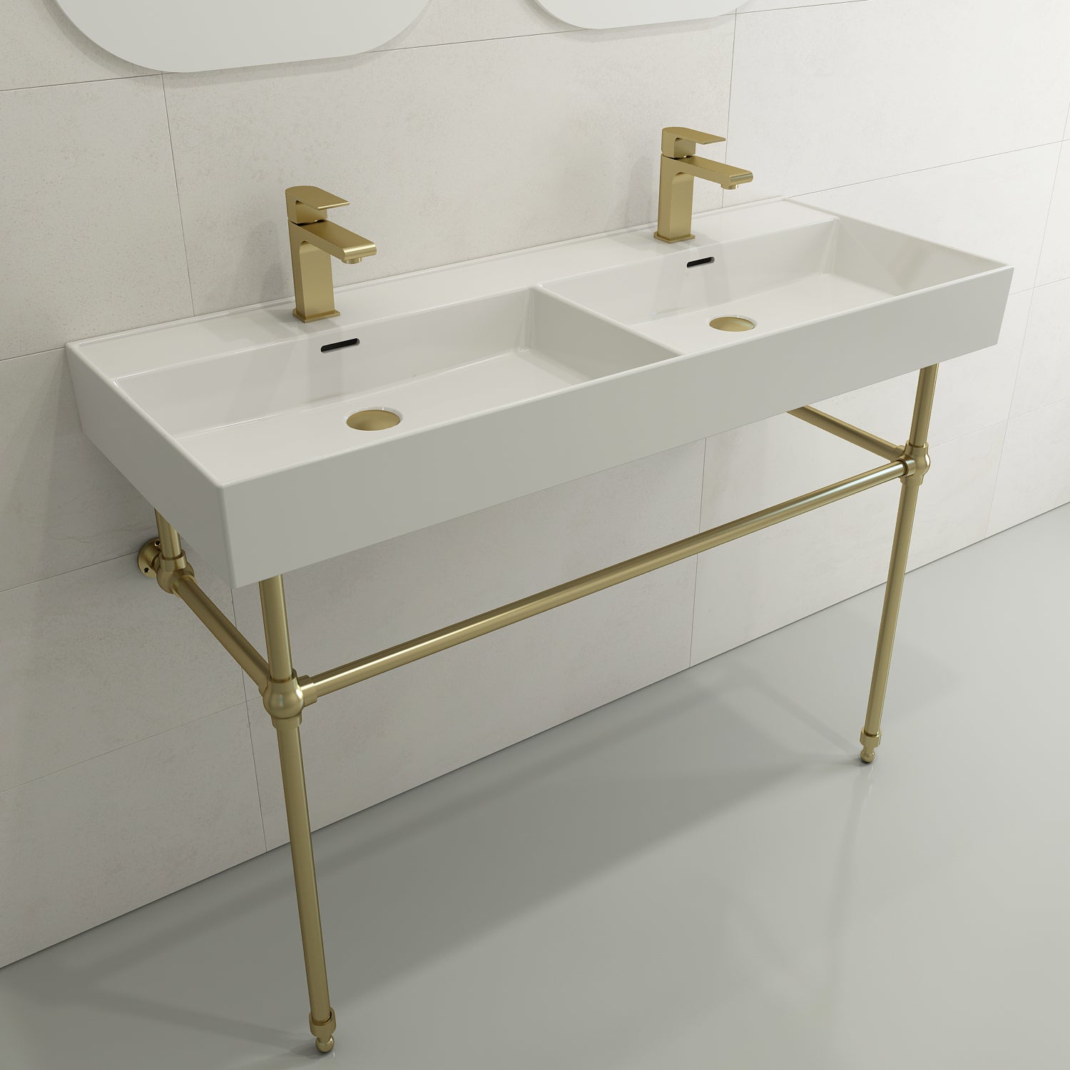BOCCHI Milano 48" Rectangle Wallmount Fireclay Bathroom Sink, Double Basin, White, Single Faucet Hole, 1393-001-0132