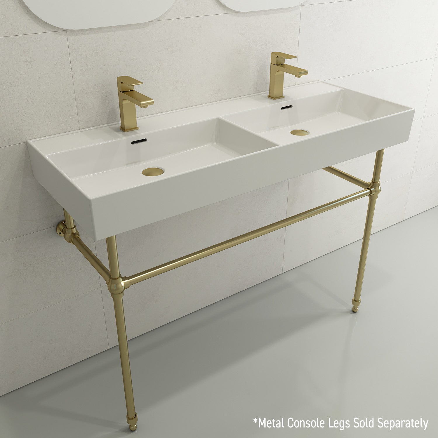 BOCCHI Milano 48" Rectangle Wallmount Fireclay Bathroom Sink, Double Basin, White, Single Faucet Hole, 1393-001-0132