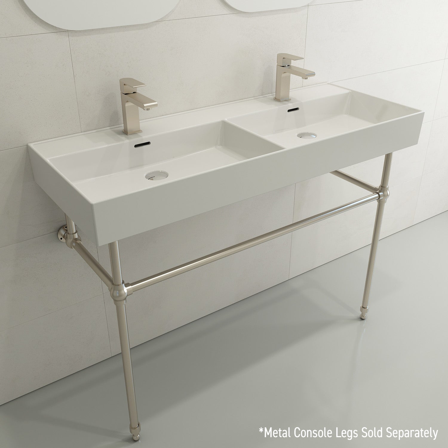 BOCCHI Milano 48" Rectangle Wallmount Fireclay Bathroom Sink, Double Basin, White, Single Faucet Hole, 1393-001-0132