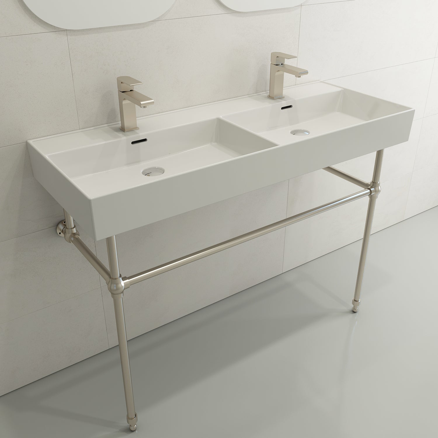 BOCCHI Milano 48" Rectangle Wallmount Fireclay Bathroom Sink, Double Basin, White, Single Faucet Hole, 1393-001-0132