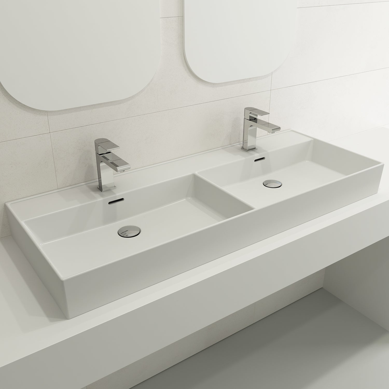 BOCCHI Milano 48" Rectangle Wallmount Fireclay Bathroom Sink, Double Basin, Matte White, Single Faucet Hole, 1393-002-0132