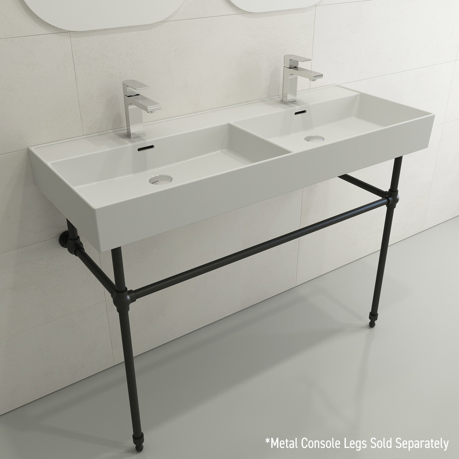 BOCCHI Milano 48" Rectangle Wallmount Fireclay Bathroom Sink, Double Basin, Matte White, Single Faucet Hole, 1393-002-0132