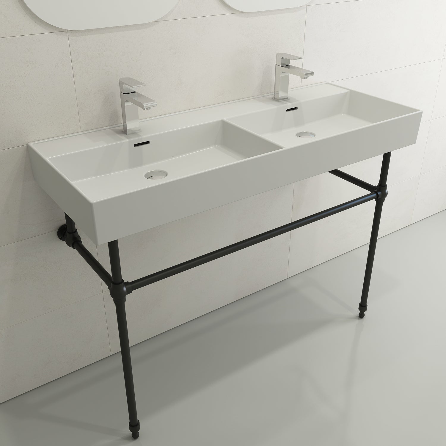 BOCCHI Milano 48" Rectangle Wallmount Fireclay Bathroom Sink, Double Basin, Matte White, Single Faucet Hole, 1393-002-0132