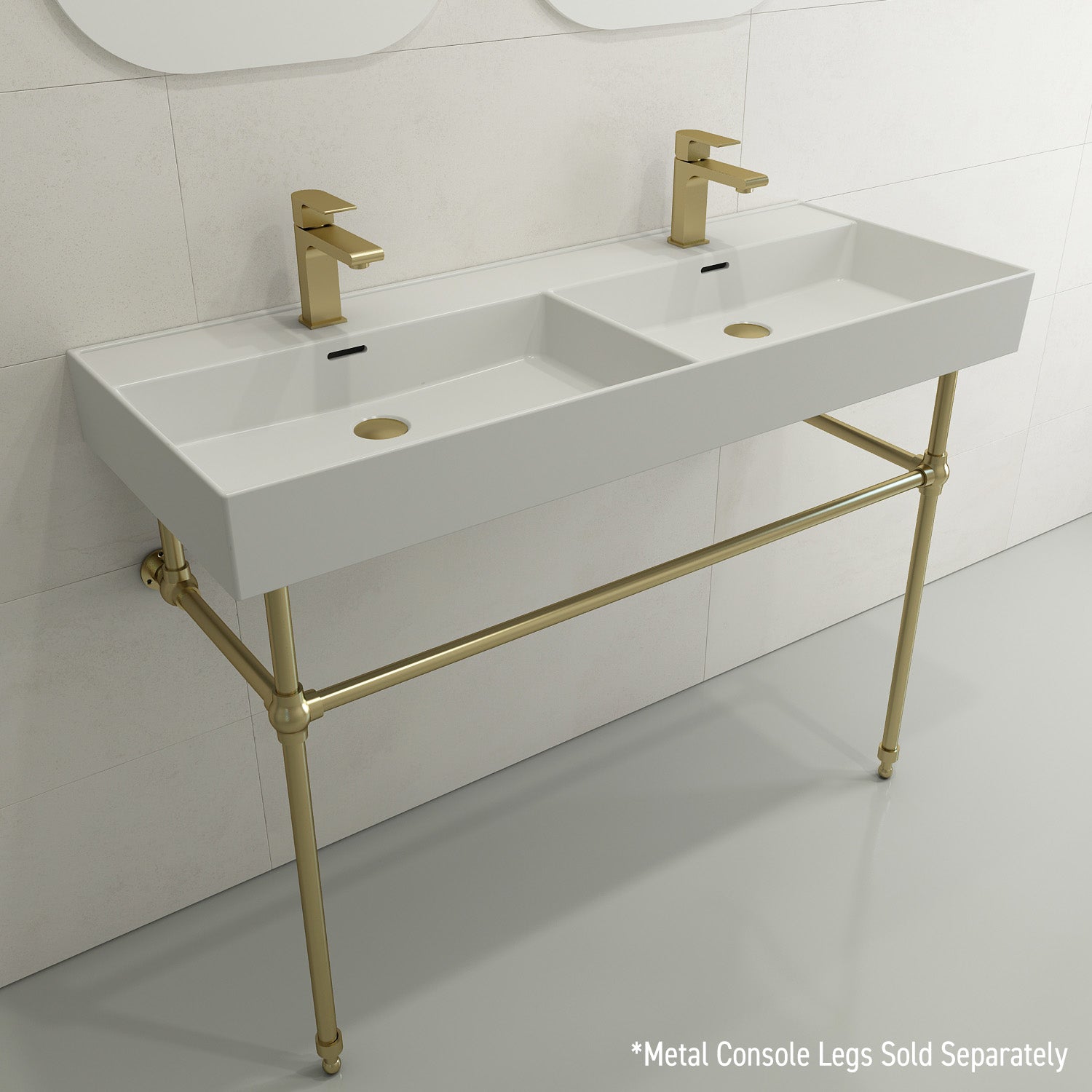 BOCCHI Milano 48" Rectangle Wallmount Fireclay Bathroom Sink, Double Basin, Matte White, Single Faucet Hole, 1393-002-0132
