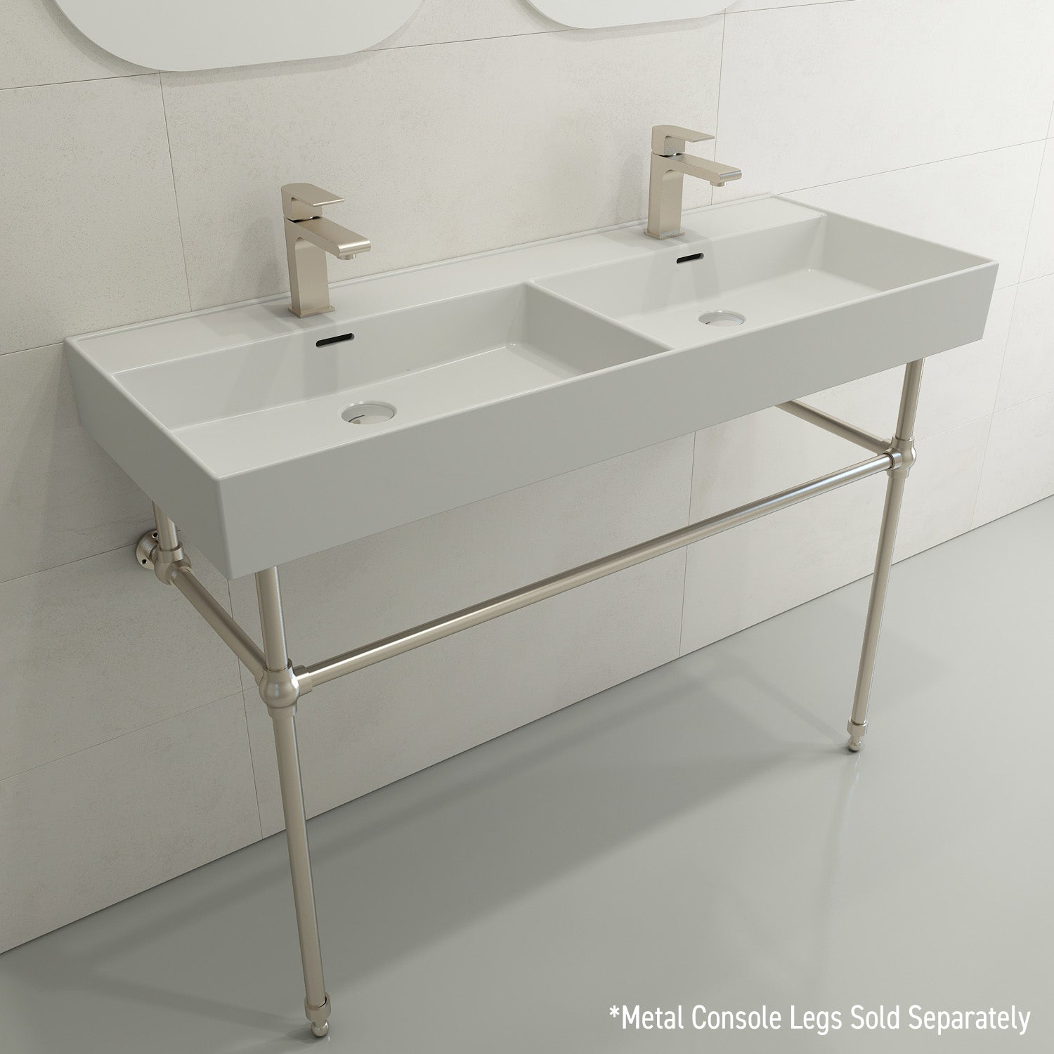 BOCCHI Milano 48" Rectangle Wallmount Fireclay Bathroom Sink, Double Basin, Matte White, Single Faucet Hole, 1393-002-0132