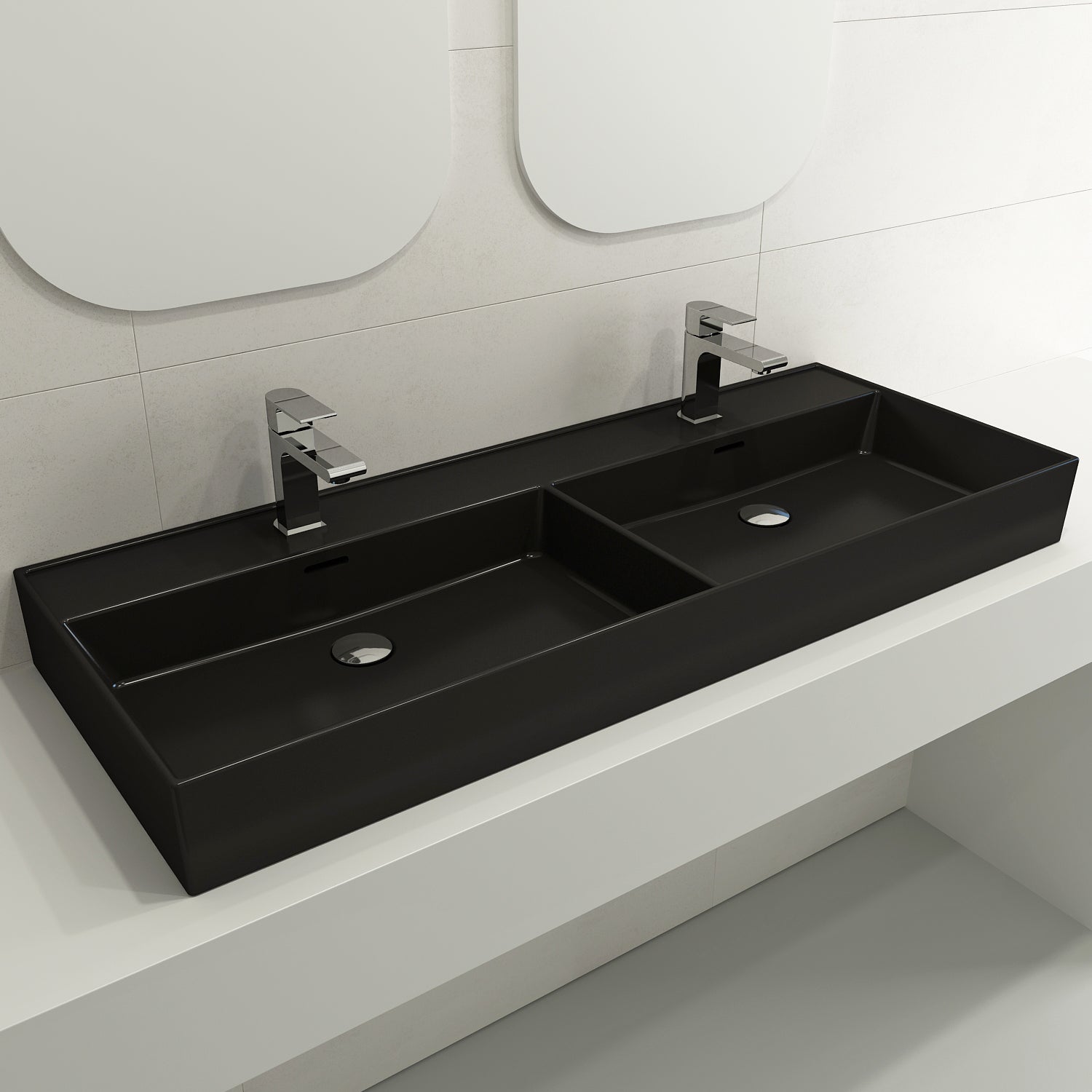 BOCCHI Milano 48" Rectangle Wallmount Fireclay Bathroom Sink, Double Basin, Matte Black, Single Faucet Hole, 1393-004-0132