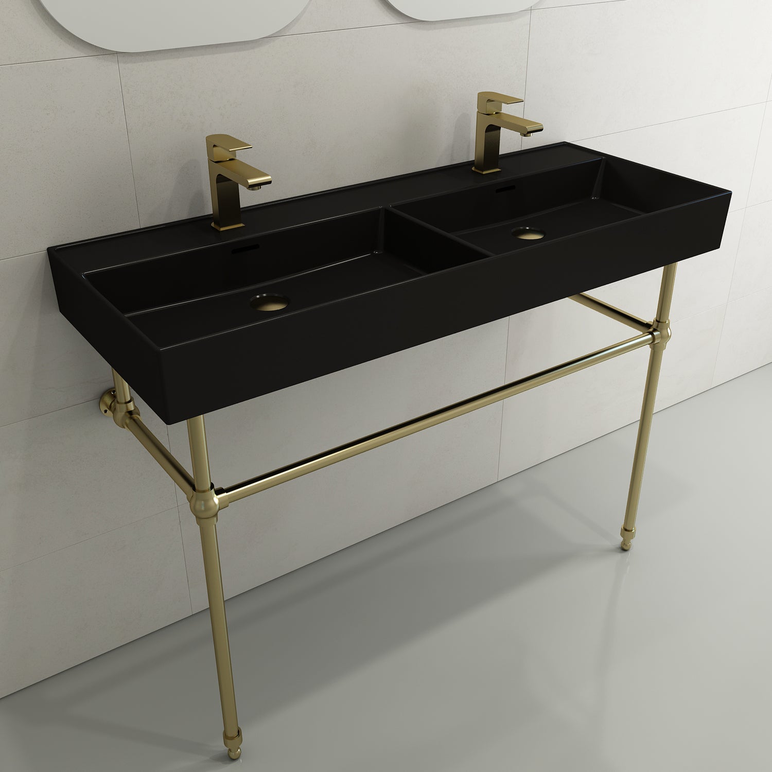 BOCCHI Milano 48" Rectangle Wallmount Fireclay Bathroom Sink, Double Basin, Matte Black, Single Faucet Hole, 1393-004-0132