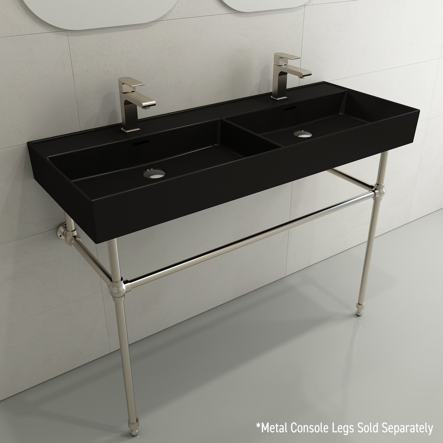 BOCCHI Milano 48" Rectangle Wallmount Fireclay Bathroom Sink, Double Basin, Matte Black, Single Faucet Hole, 1393-004-0132