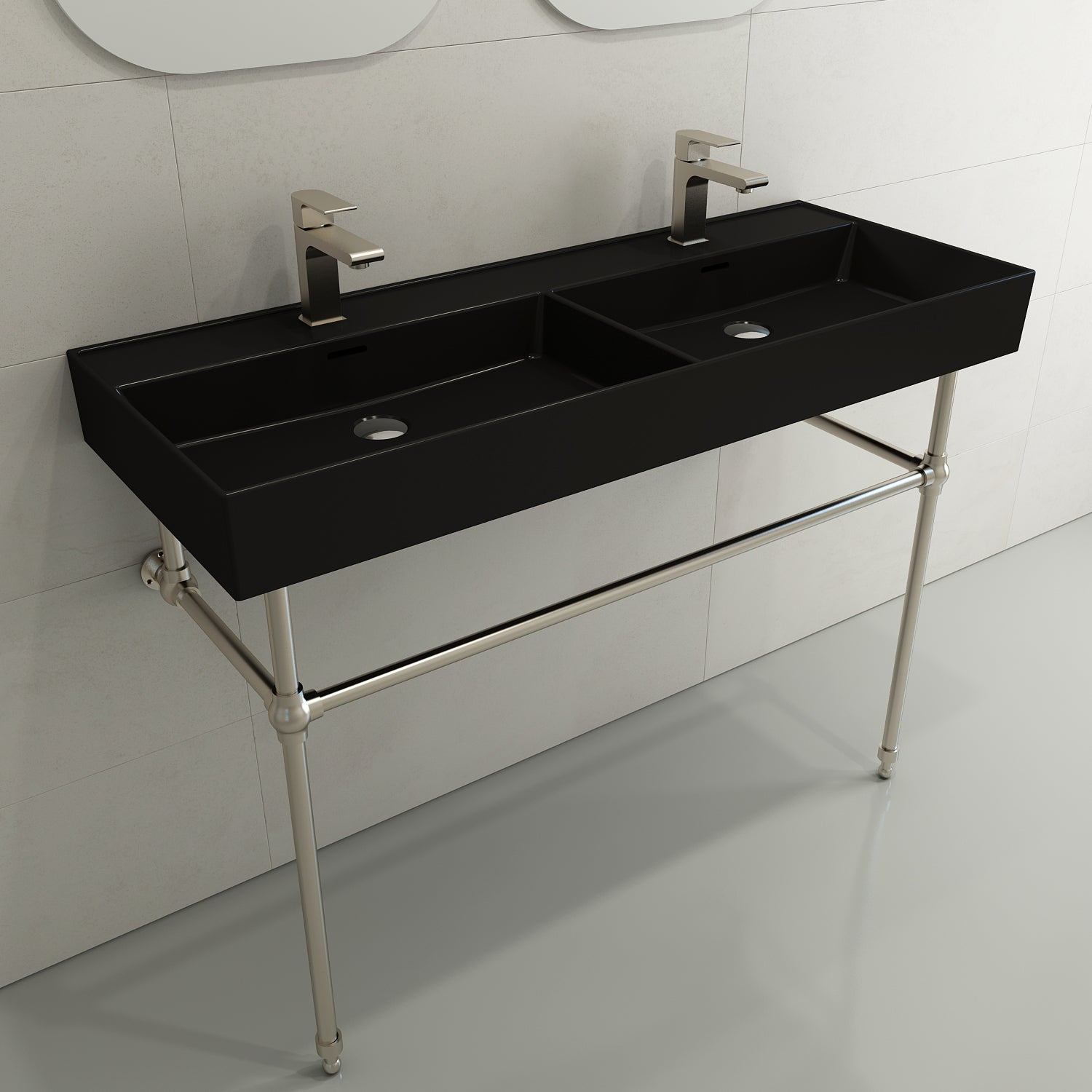 BOCCHI Milano 48" Rectangle Wallmount Fireclay Bathroom Sink, Double Basin, Matte Black, Single Faucet Hole, 1393-004-0132