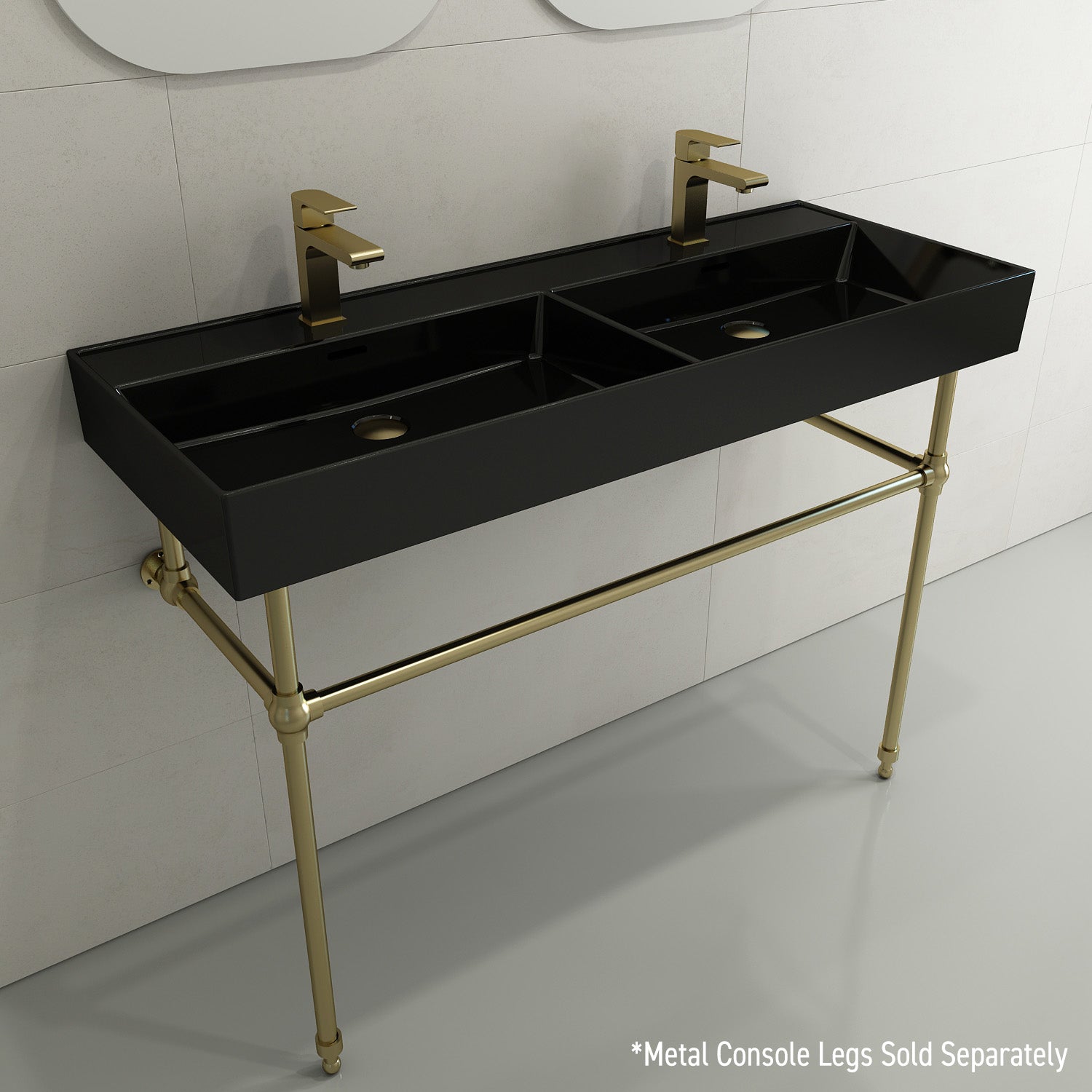 BOCCHI Milano 48" Rectangle Wallmount Fireclay Bathroom Sink, Double Basin, Black, Single Faucet Hole, 1393-005-0132