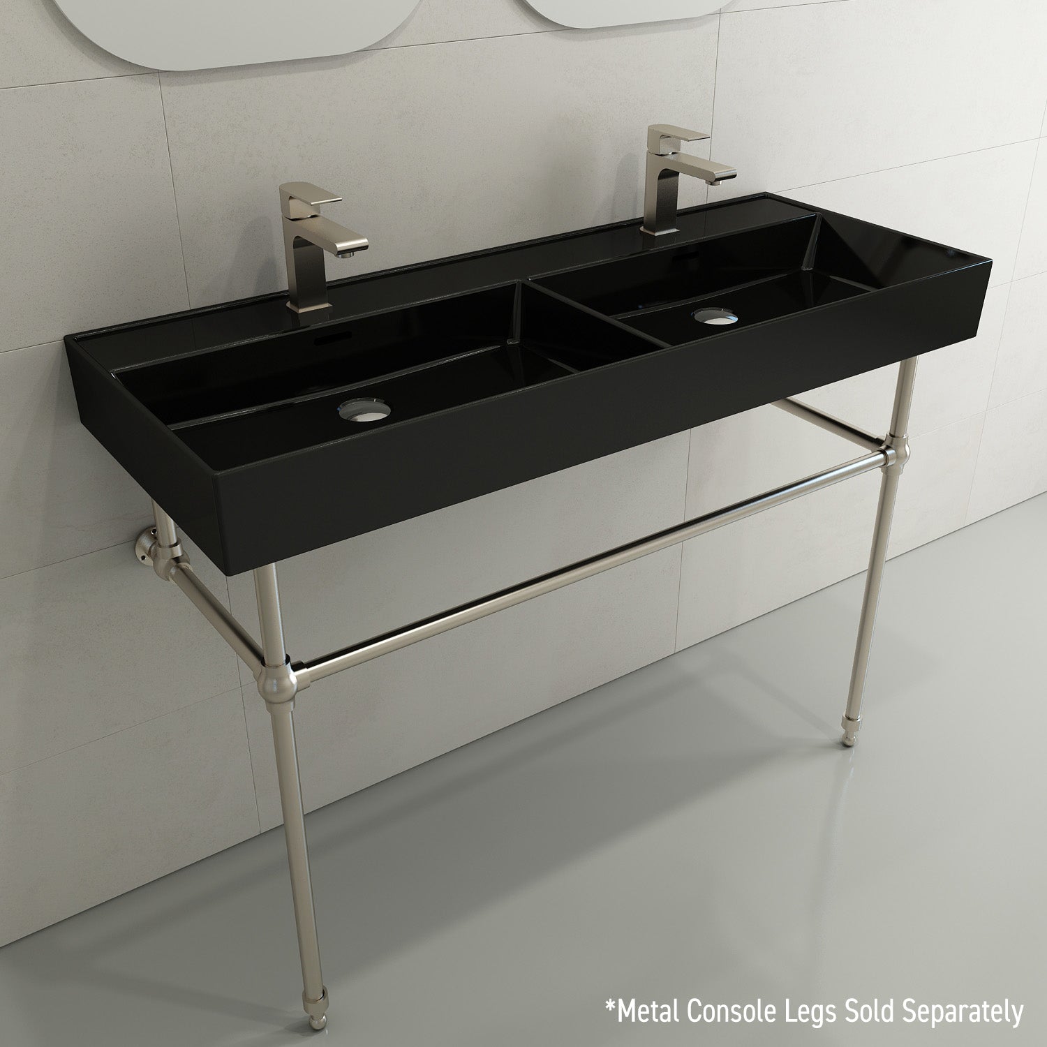 BOCCHI Milano 48" Rectangle Wallmount Fireclay Bathroom Sink, Double Basin, Black, Single Faucet Hole, 1393-005-0132