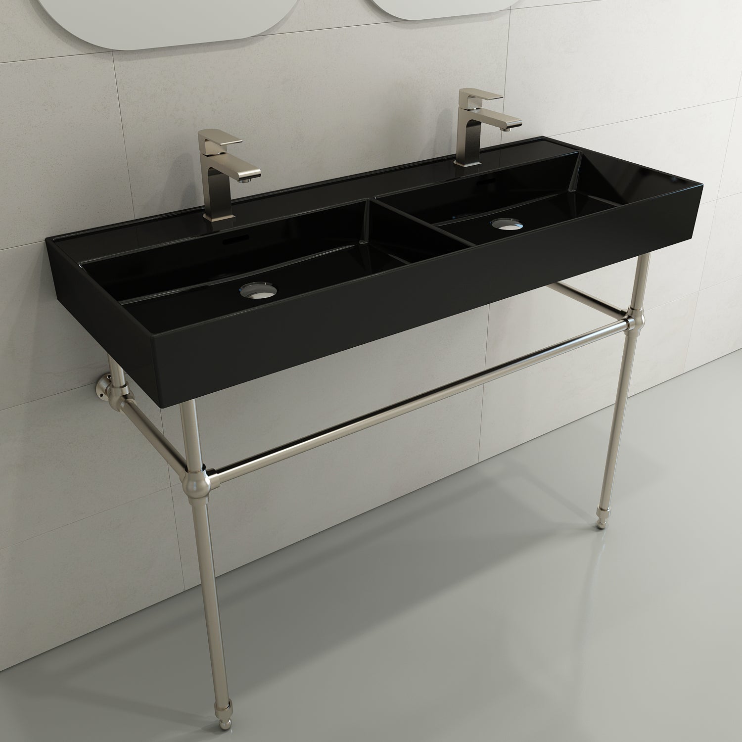 BOCCHI Milano 48" Rectangle Wallmount Fireclay Bathroom Sink, Double Basin, Black, Single Faucet Hole, 1393-005-0132
