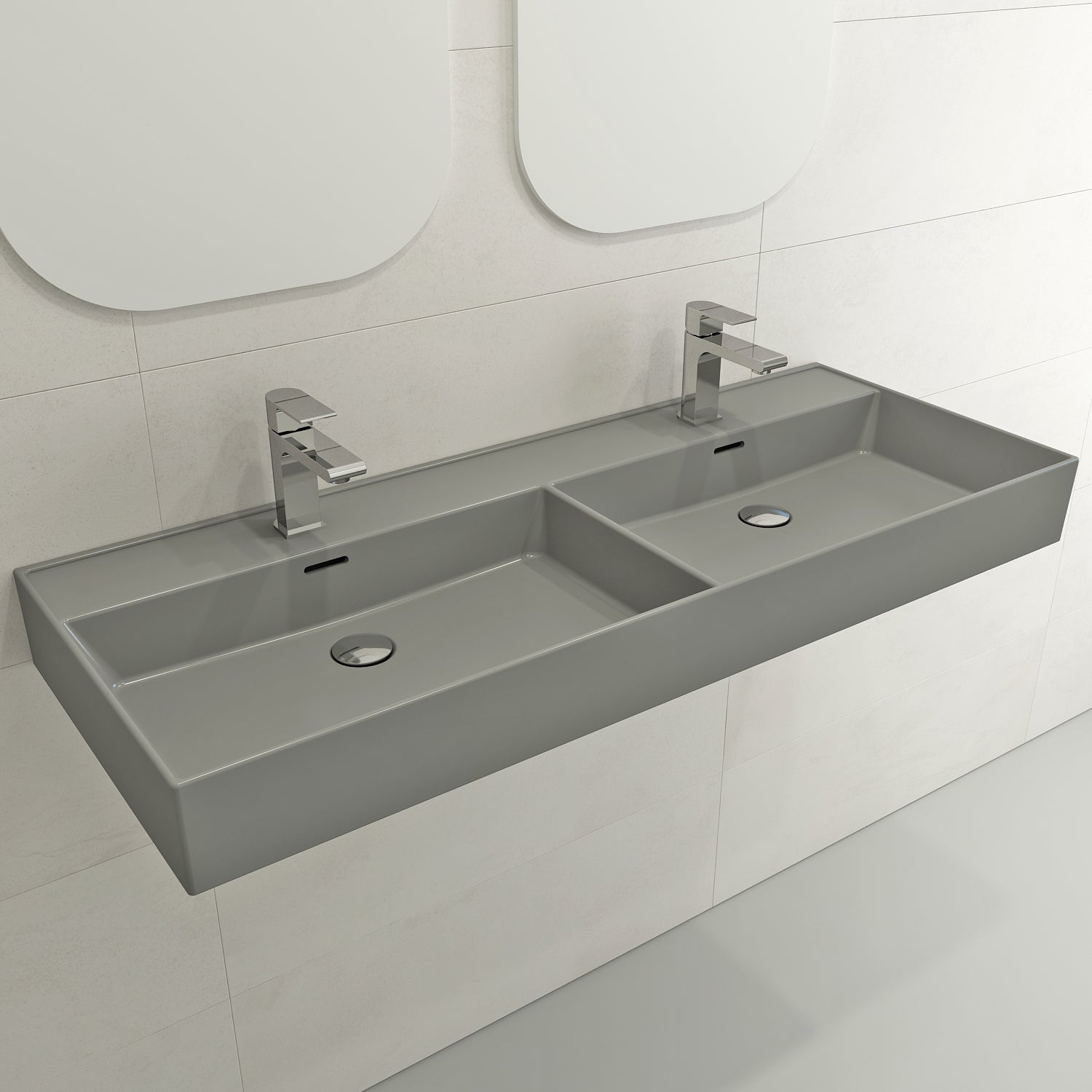BOCCHI Milano 48" Rectangle Wallmount Fireclay Bathroom Sink, Double Basin, Matte Gray, Single Faucet Hole, 1393-006-0132