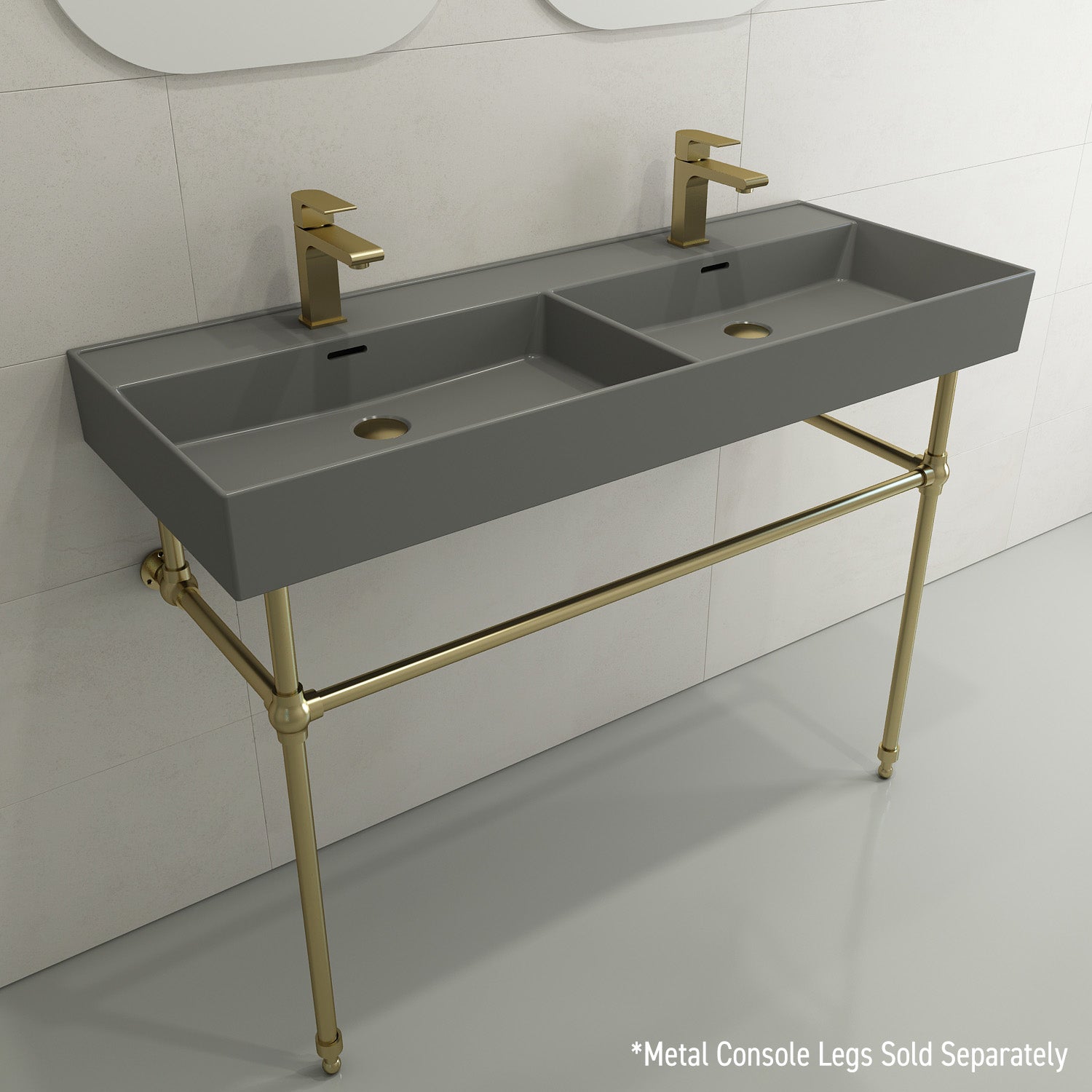 BOCCHI Milano 48" Rectangle Wallmount Fireclay Bathroom Sink, Double Basin, Matte Gray, Single Faucet Hole, 1393-006-0132