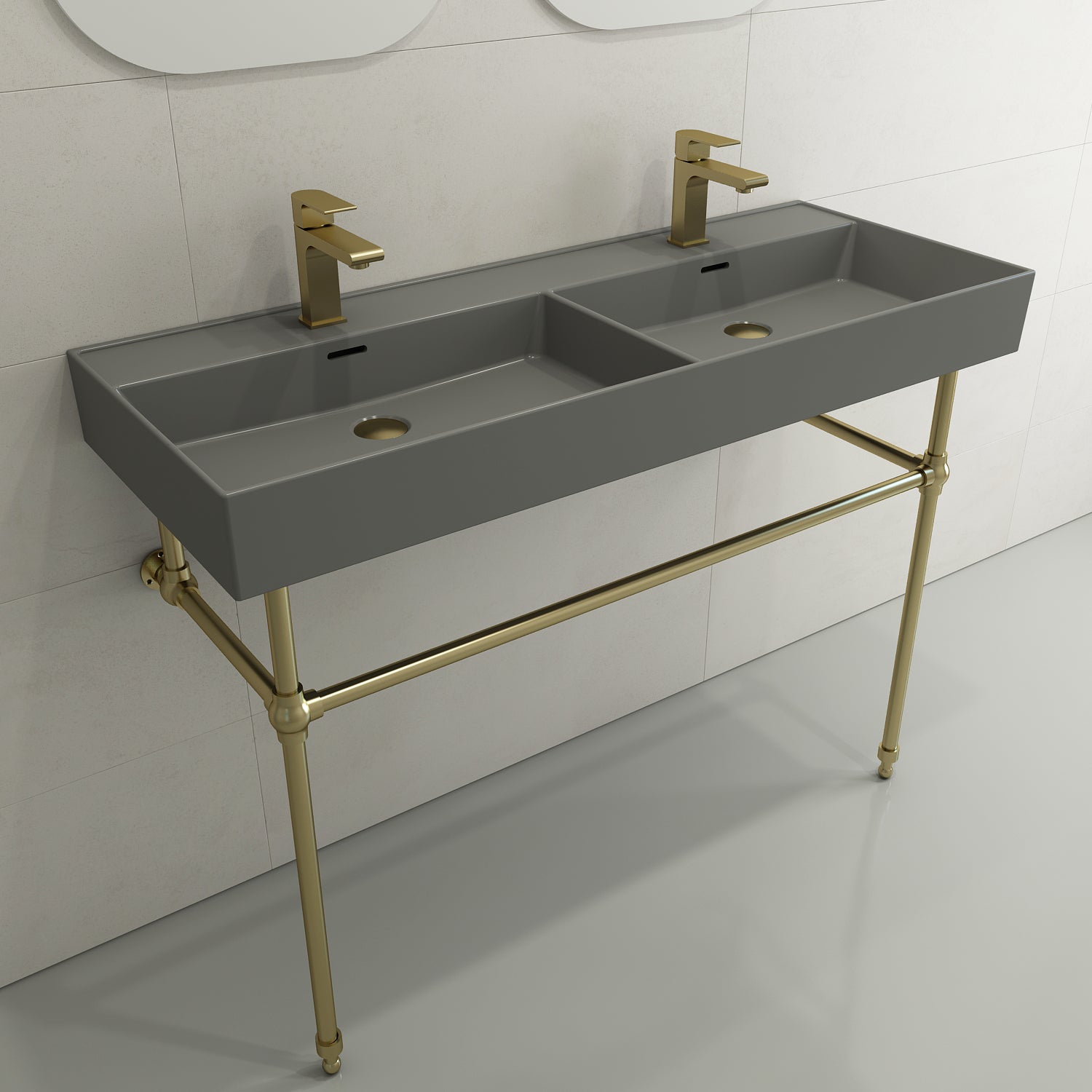 BOCCHI Milano 48" Rectangle Wallmount Fireclay Bathroom Sink, Double Basin, Matte Gray, Single Faucet Hole, 1393-006-0132