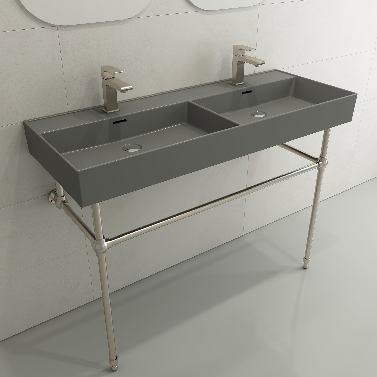 BOCCHI Milano 48" Rectangle Wallmount Fireclay Bathroom Sink, Double Basin, Matte Gray, Single Faucet Hole, 1393-006-0132