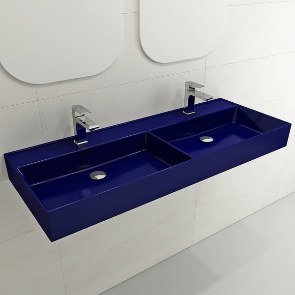 BOCCHI Milano 48" Rectangle Wallmount Fireclay Bathroom Sink, Double Basin, Sapphire Blue, Single Faucet Hole, 1393-010-0132