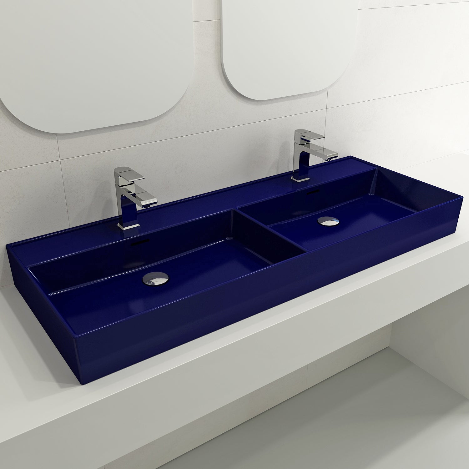 BOCCHI Milano 48" Rectangle Wallmount Fireclay Bathroom Sink, Double Basin, Sapphire Blue, Single Faucet Hole, 1393-010-0132