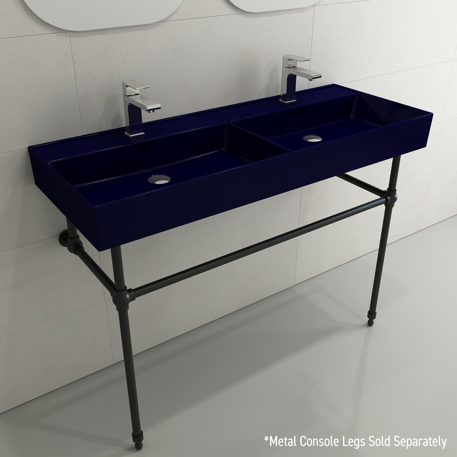 BOCCHI Milano 48" Rectangle Wallmount Fireclay Bathroom Sink, Double Basin, Sapphire Blue, Single Faucet Hole, 1393-010-0132