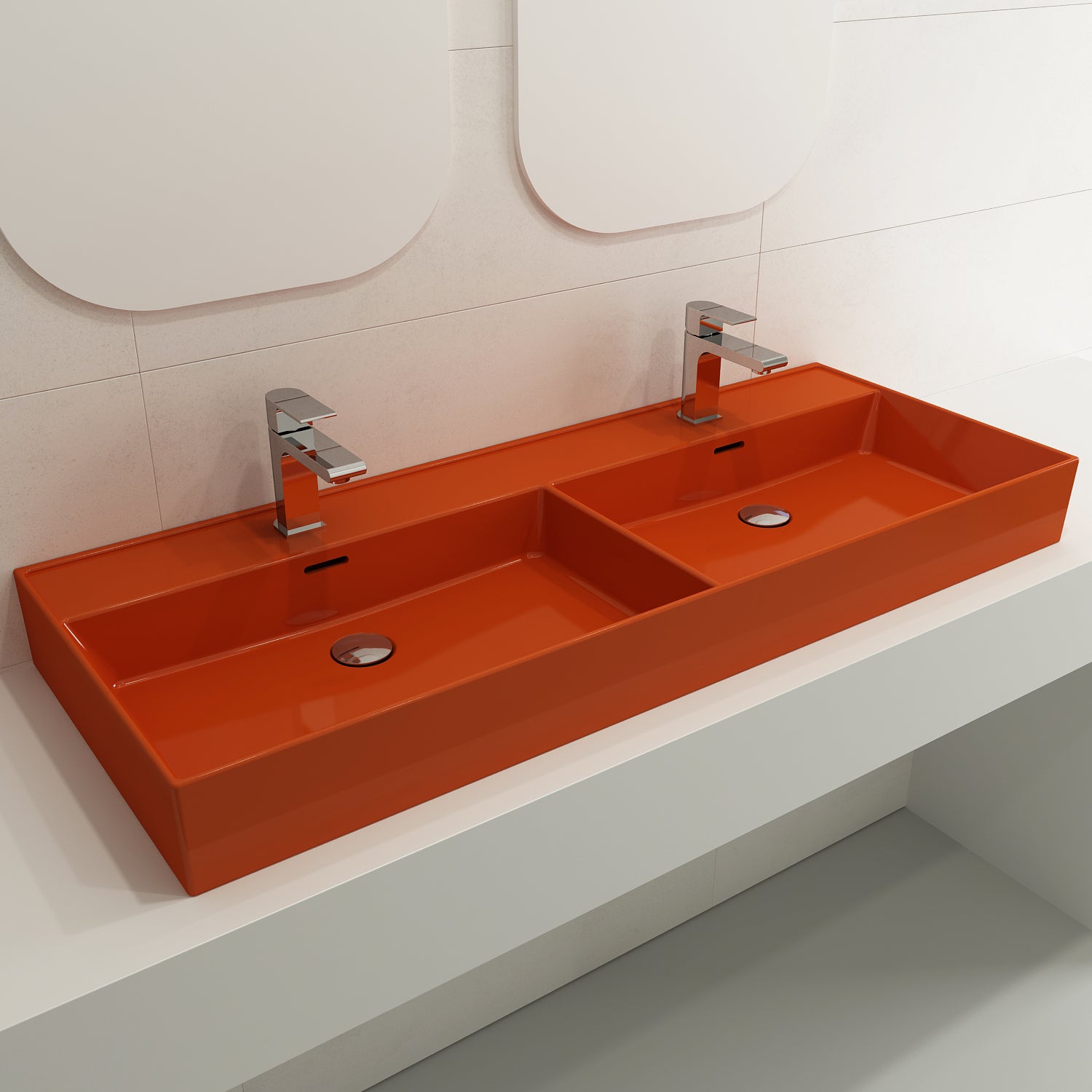 BOCCHI Milano 48" Rectangle Wallmount Fireclay Bathroom Sink, Double Basin, Orange, Single Faucet Hole, 1393-012-0132