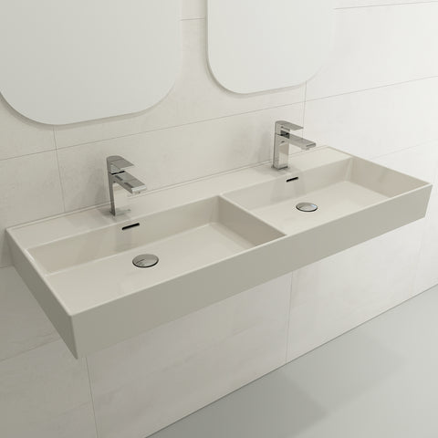 BOCCHI Milano 48" Rectangle Wallmount Fireclay Bathroom Sink, Double Basin, Biscuit, Single Faucet Hole, 1393-014-0132