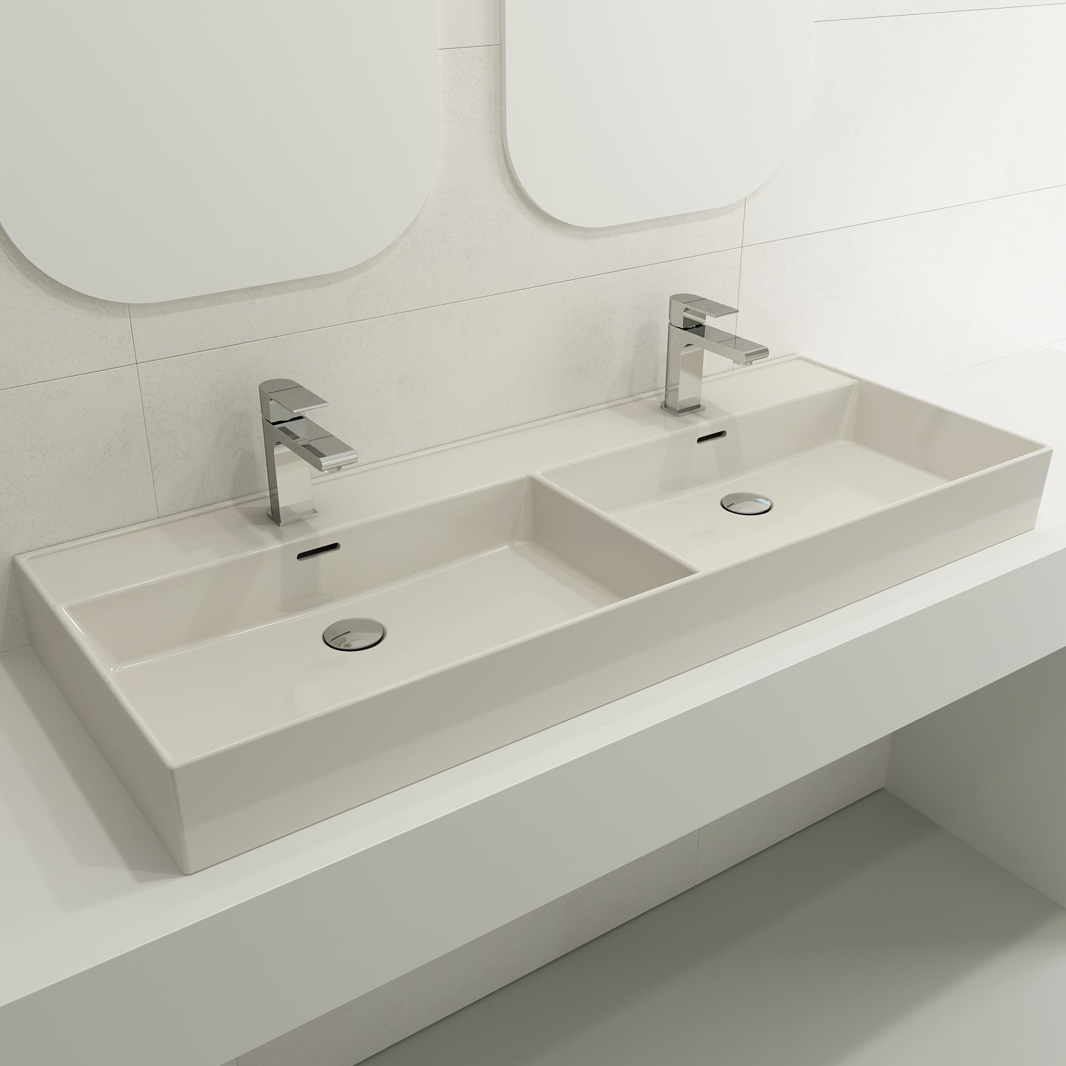 BOCCHI Milano 48" Rectangle Wallmount Fireclay Bathroom Sink, Double Basin, Biscuit, Single Faucet Hole, 1393-014-0132