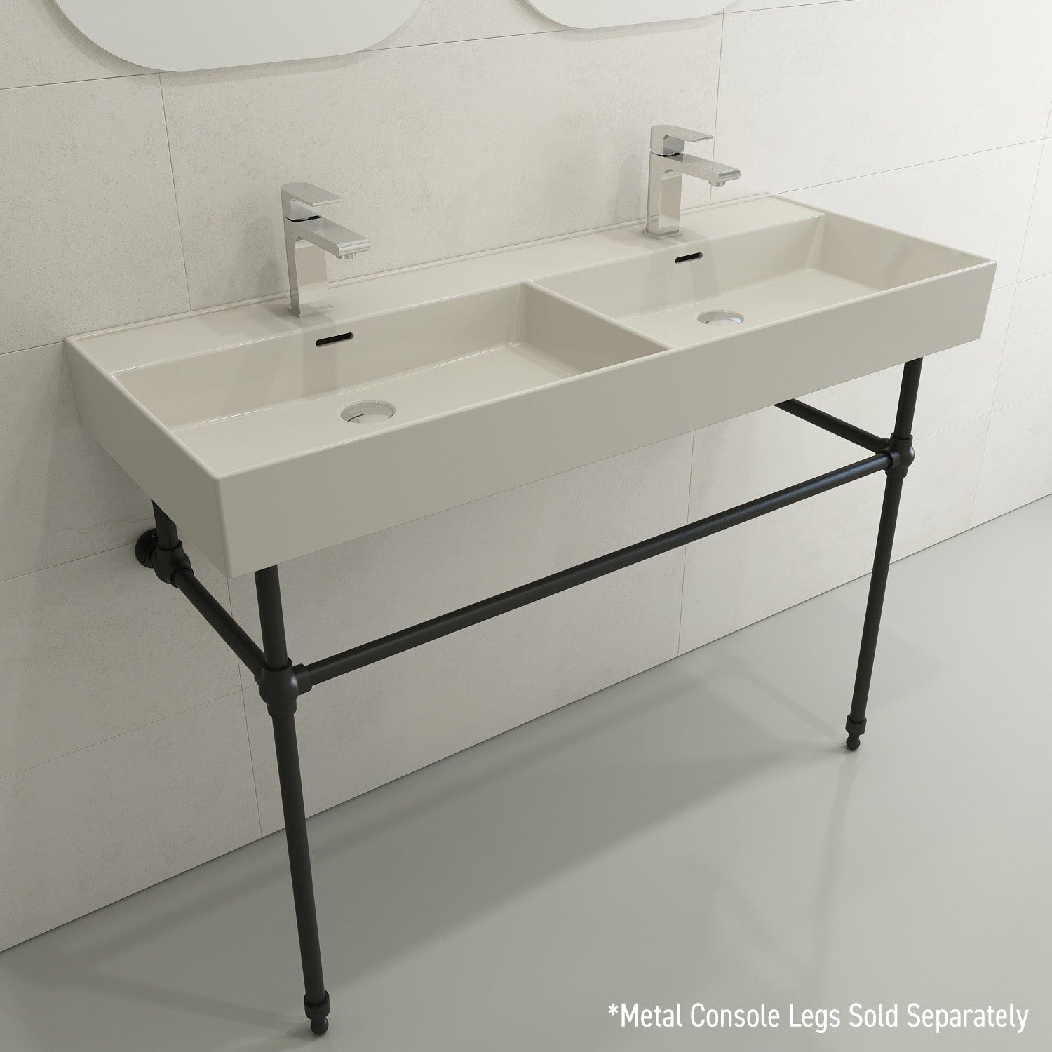 BOCCHI Milano 48" Rectangle Wallmount Fireclay Bathroom Sink, Double Basin, Biscuit, Single Faucet Hole, 1393-014-0132