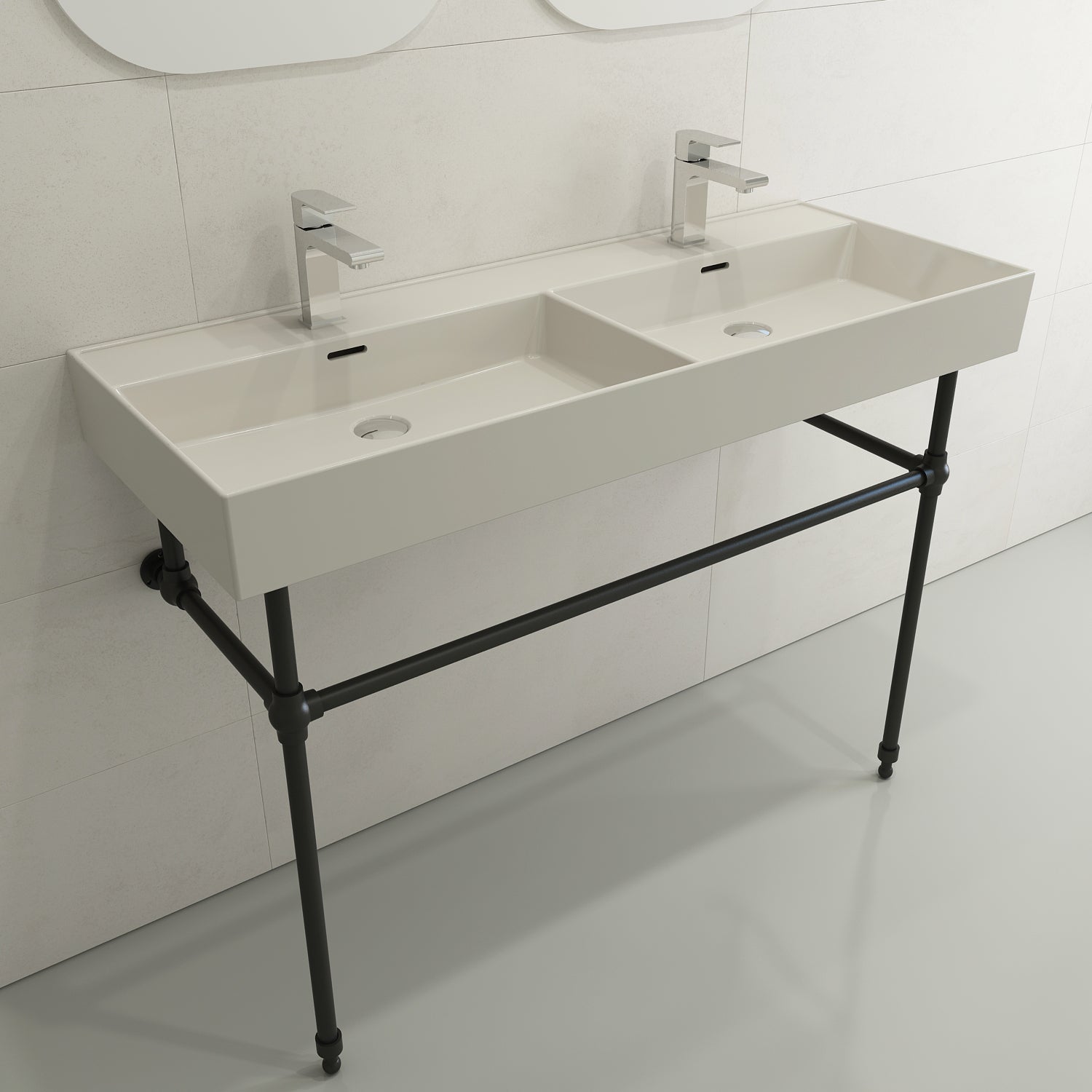 BOCCHI Milano 48" Rectangle Wallmount Fireclay Bathroom Sink, Double Basin, Biscuit, Single Faucet Hole, 1393-014-0132