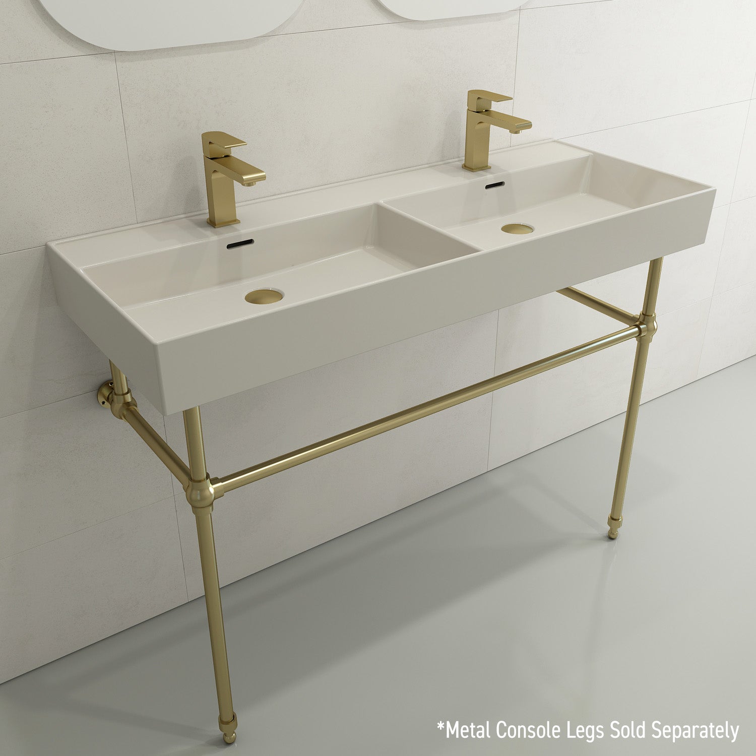 BOCCHI Milano 48" Rectangle Wallmount Fireclay Bathroom Sink, Double Basin, Biscuit, Single Faucet Hole, 1393-014-0132