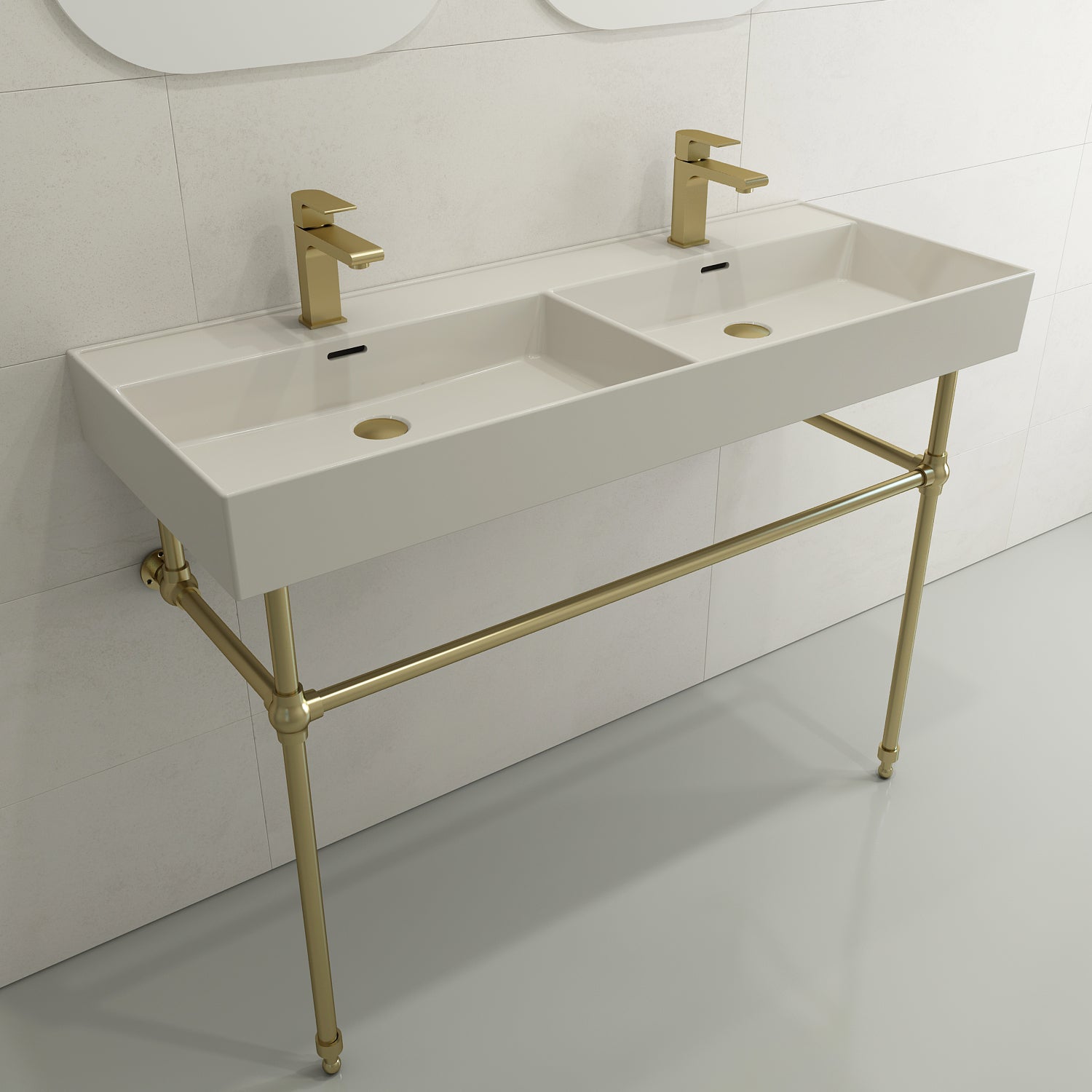 BOCCHI Milano 48" Rectangle Wallmount Fireclay Bathroom Sink, Double Basin, Biscuit, Single Faucet Hole, 1393-014-0132