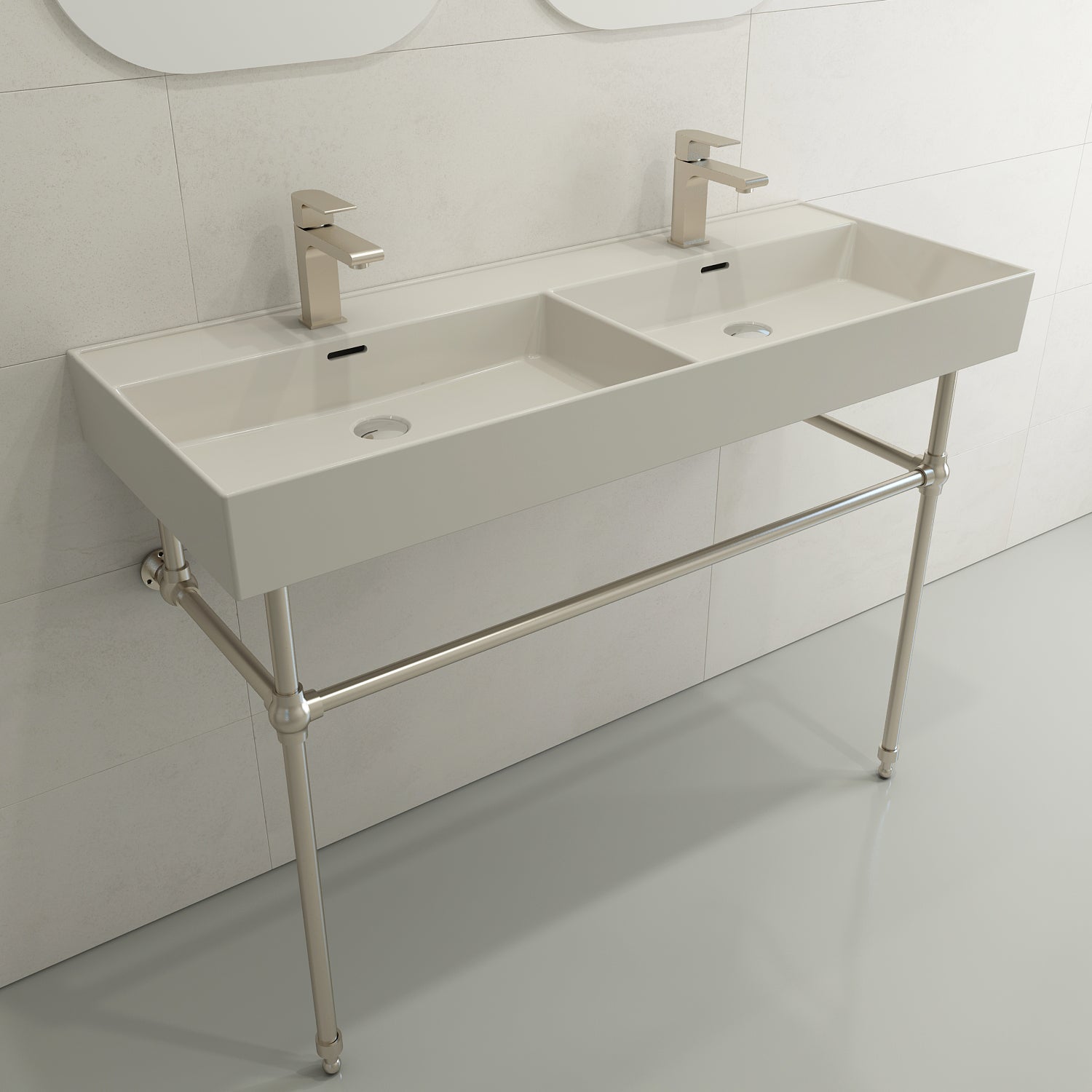 BOCCHI Milano 48" Rectangle Wallmount Fireclay Bathroom Sink, Double Basin, Biscuit, Single Faucet Hole, 1393-014-0132