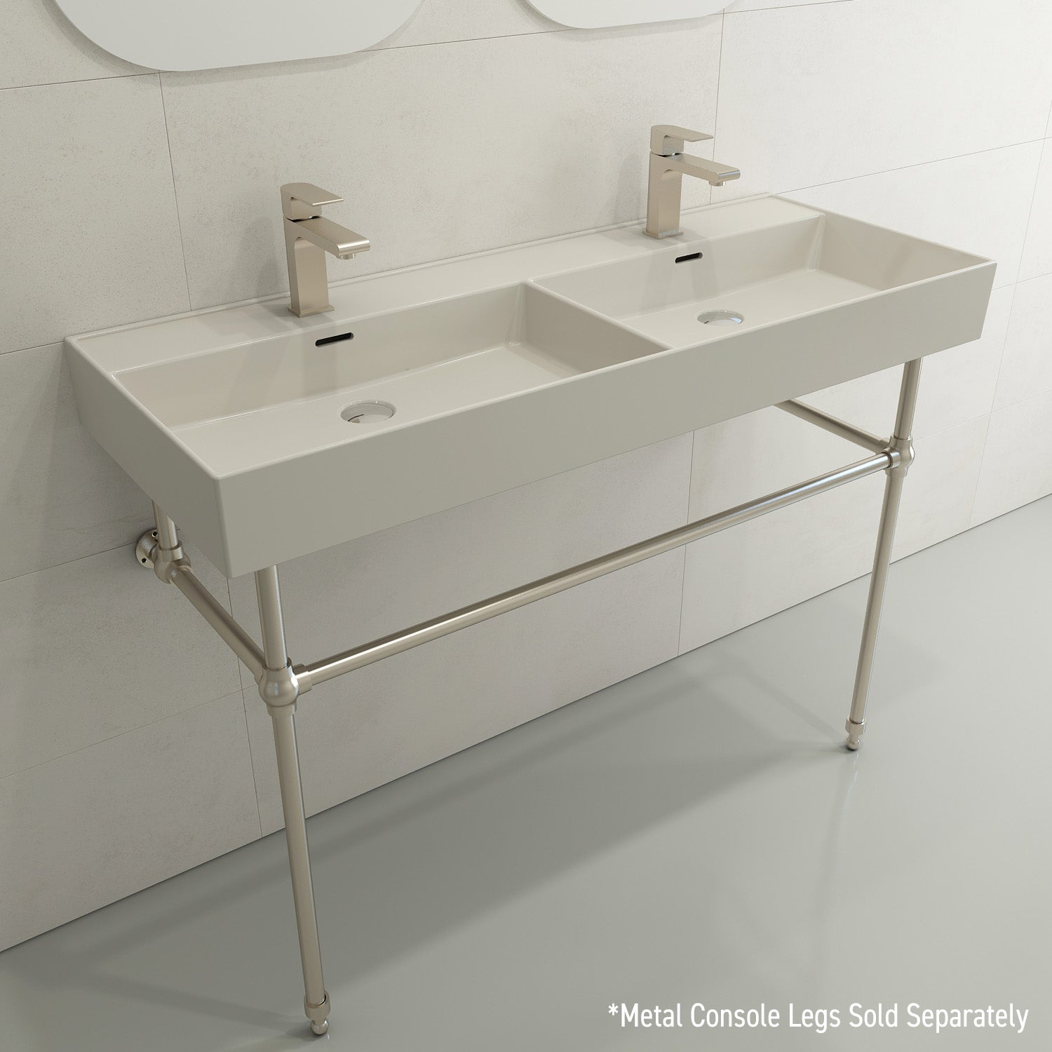 BOCCHI Milano 48" Rectangle Wallmount Fireclay Bathroom Sink, Double Basin, Biscuit, Single Faucet Hole, 1393-014-0132