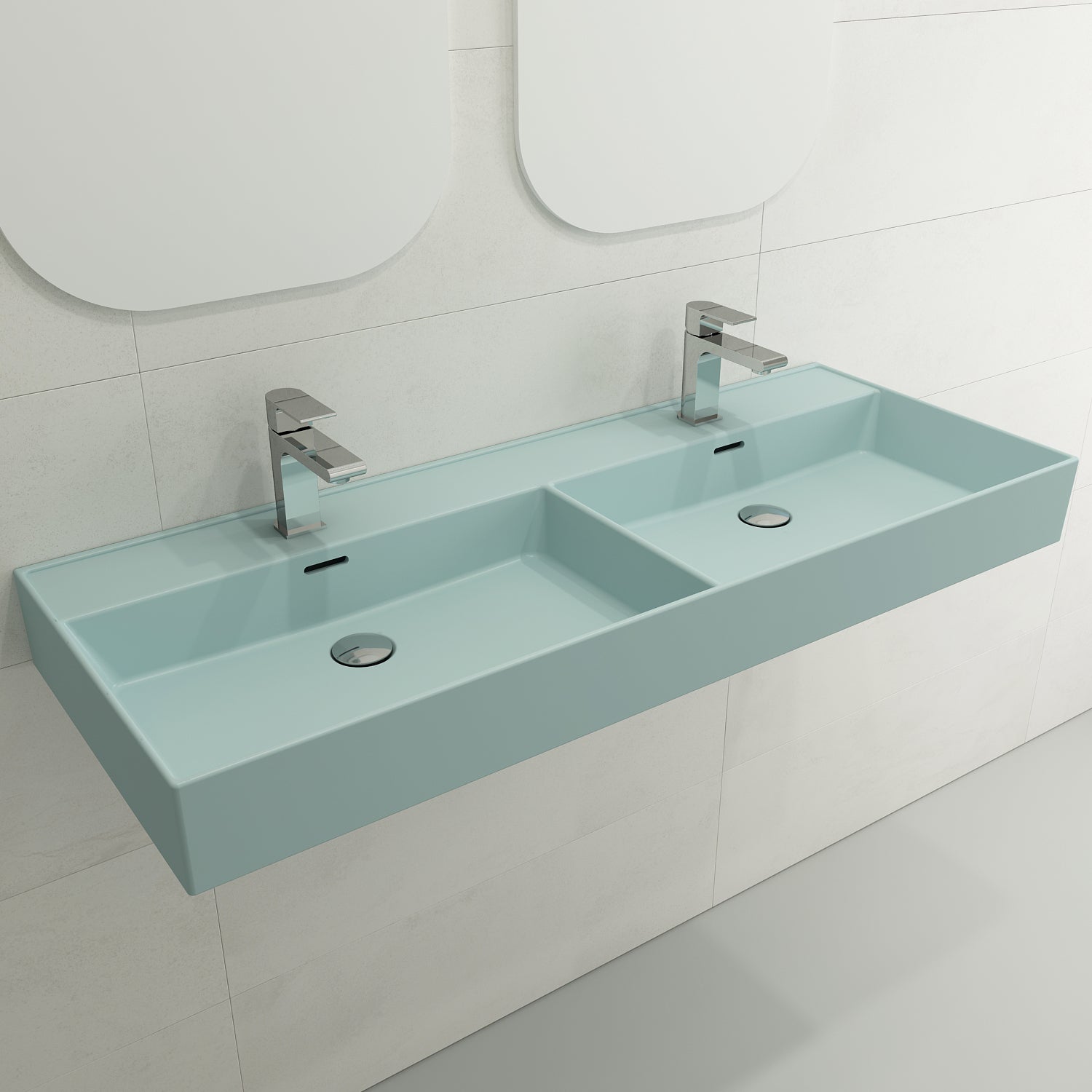 BOCCHI Milano 48" Rectangle Wallmount Fireclay Bathroom Sink, Double Basin, Matte Ice Blue, Single Faucet Hole, 1393-029-0132