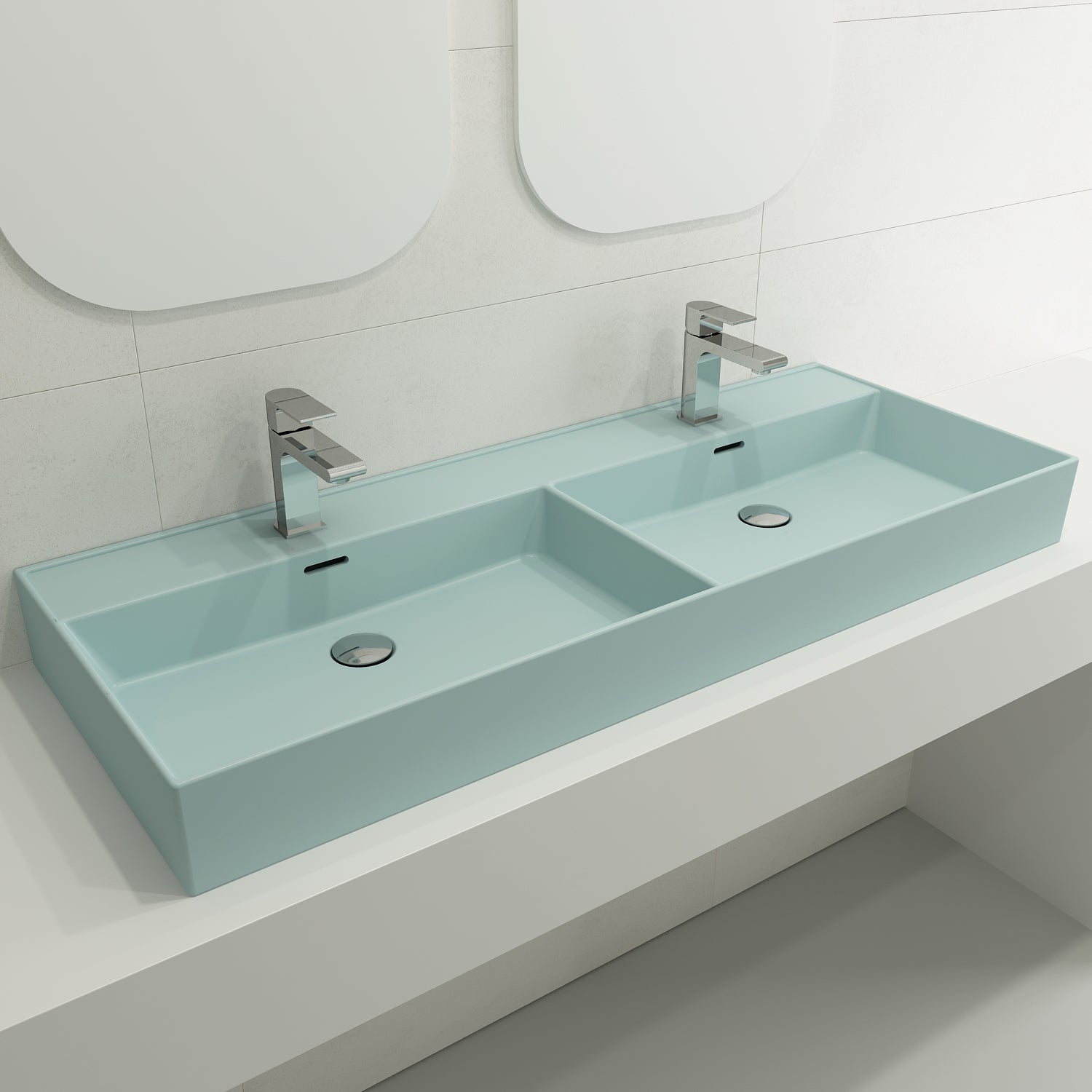 BOCCHI Milano 48" Rectangle Wallmount Fireclay Bathroom Sink, Double Basin, Matte Ice Blue, Single Faucet Hole, 1393-029-0132