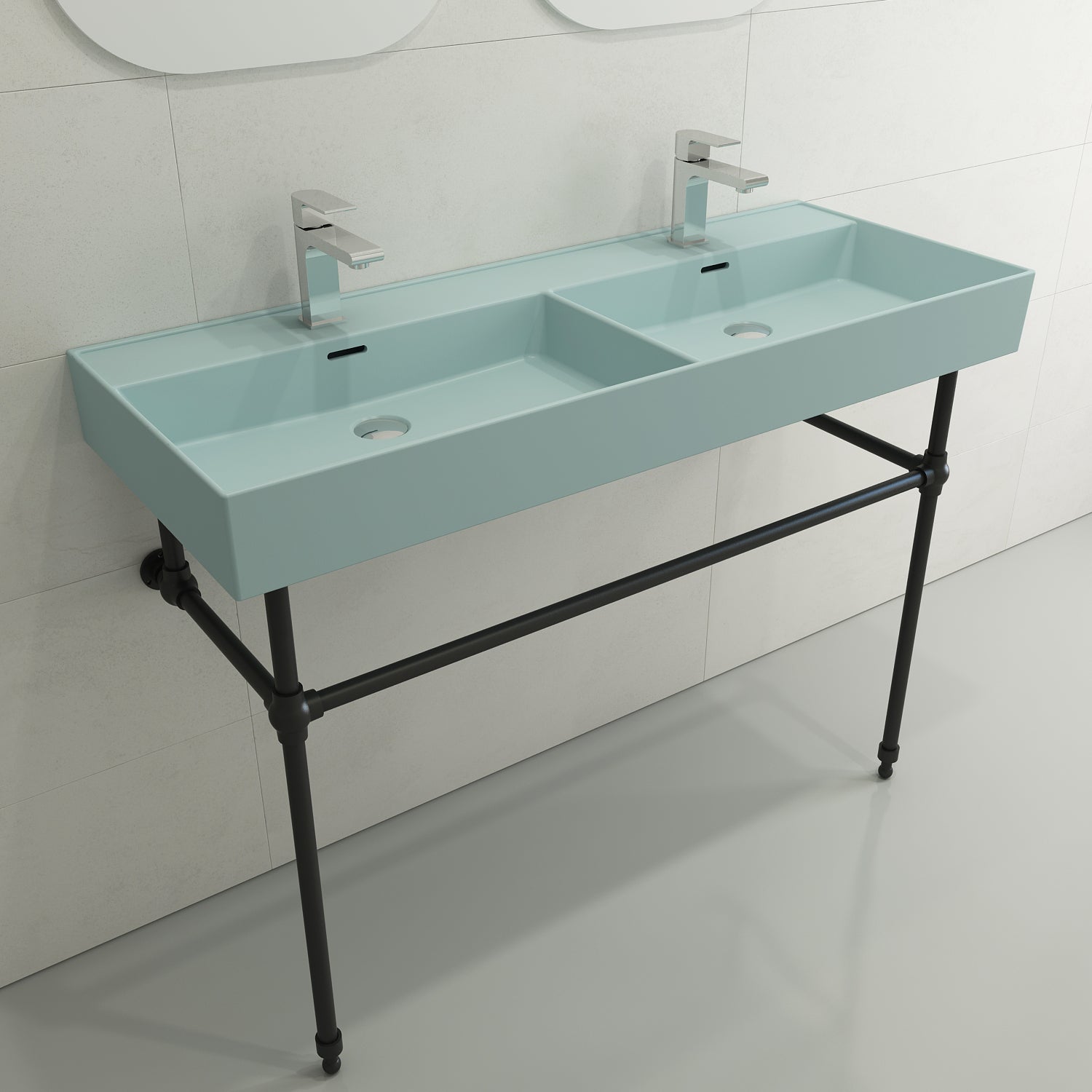 BOCCHI Milano 48" Rectangle Wallmount Fireclay Bathroom Sink, Double Basin, Matte Ice Blue, Single Faucet Hole, 1393-029-0132