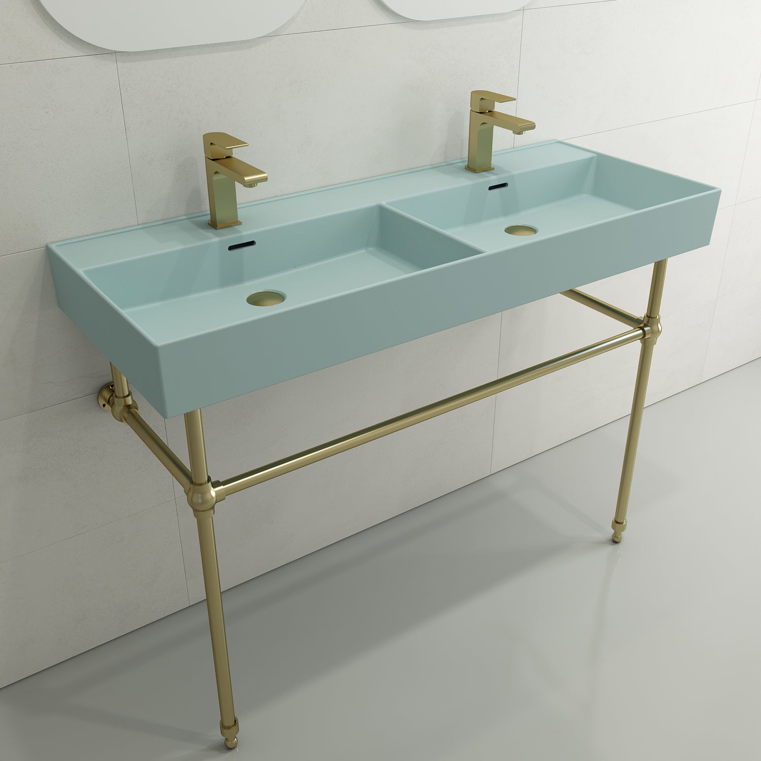 BOCCHI Milano 48" Rectangle Wallmount Fireclay Bathroom Sink, Double Basin, Matte Ice Blue, Single Faucet Hole, 1393-029-0132