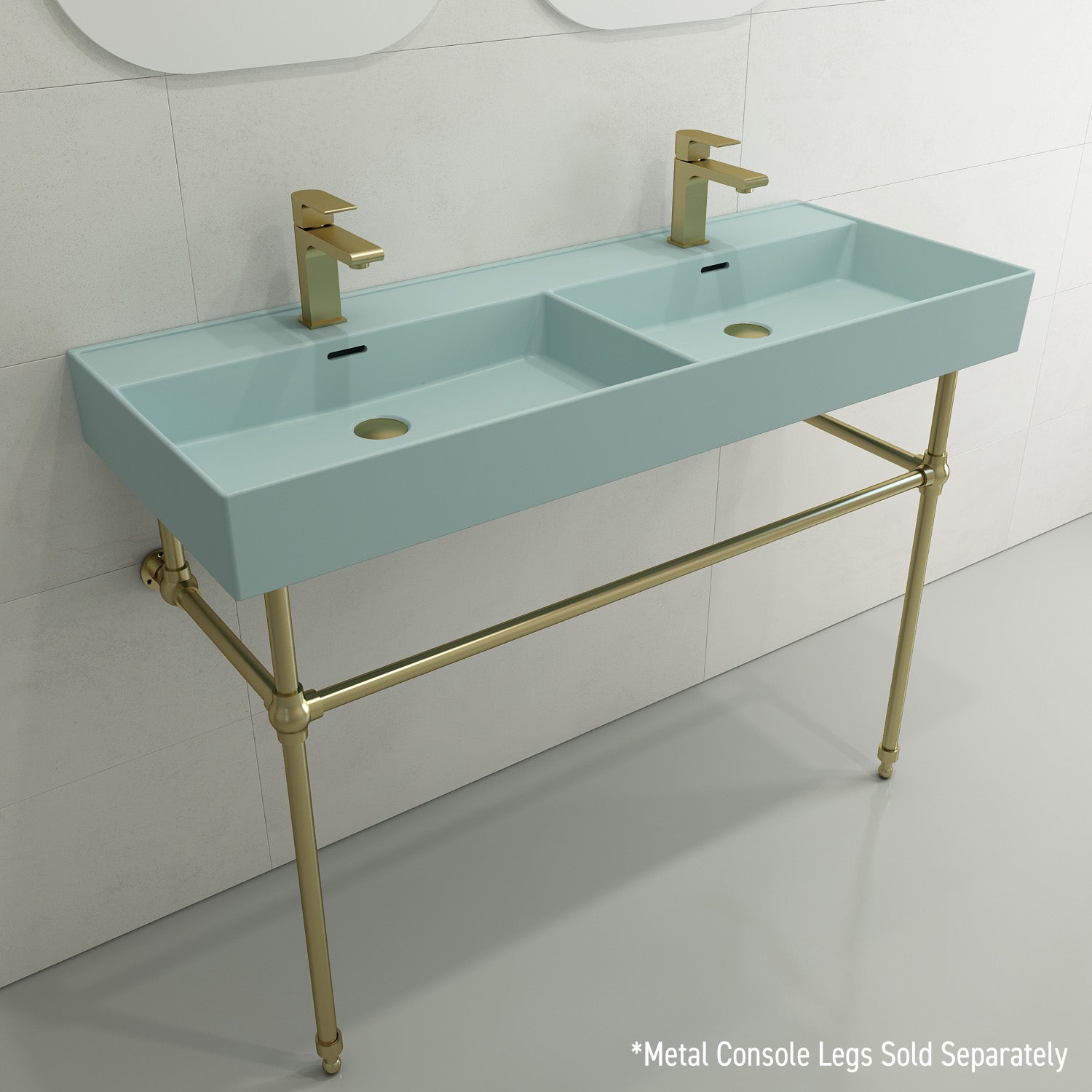 BOCCHI Milano 48" Rectangle Wallmount Fireclay Bathroom Sink, Double Basin, Matte Ice Blue, Single Faucet Hole, 1393-029-0132