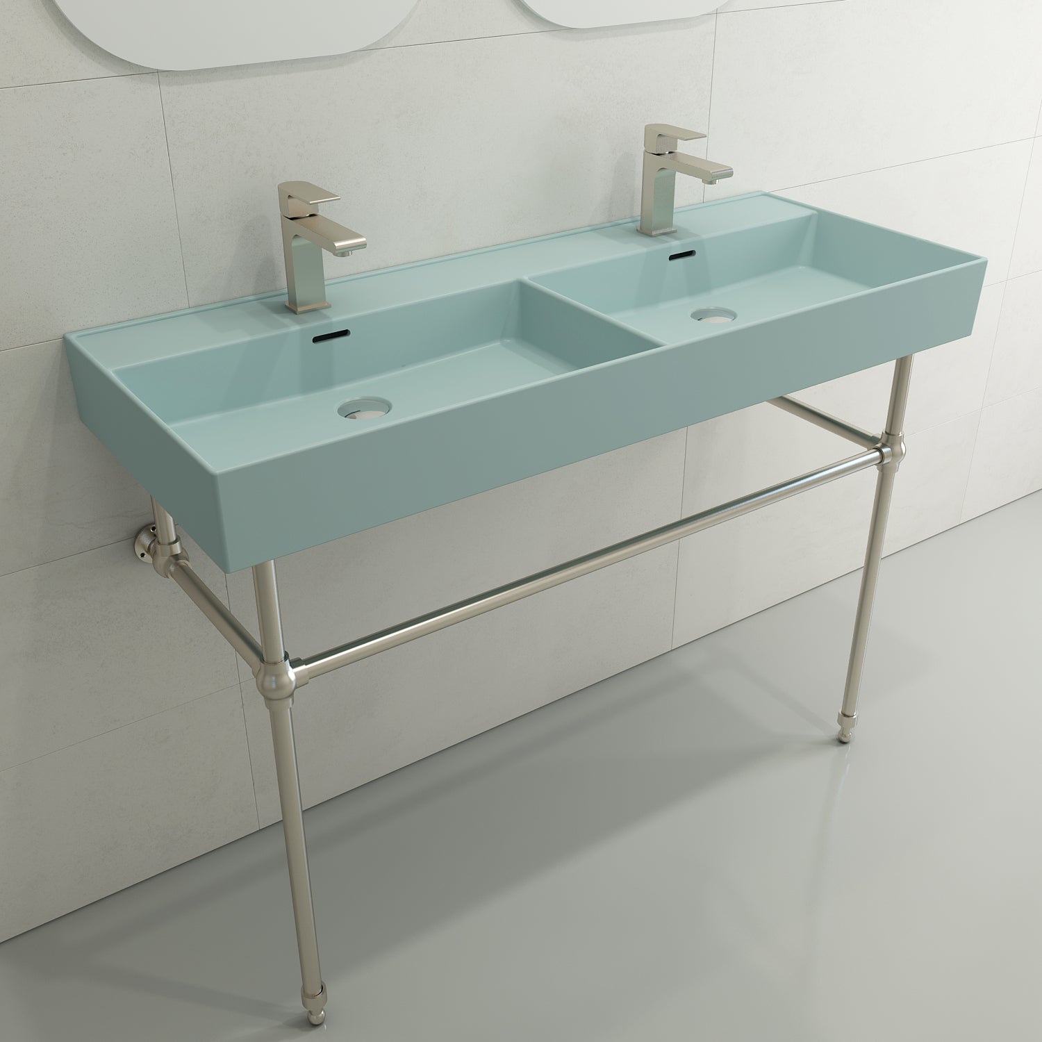 BOCCHI Milano 48" Rectangle Wallmount Fireclay Bathroom Sink, Double Basin, Matte Ice Blue, Single Faucet Hole, 1393-029-0132