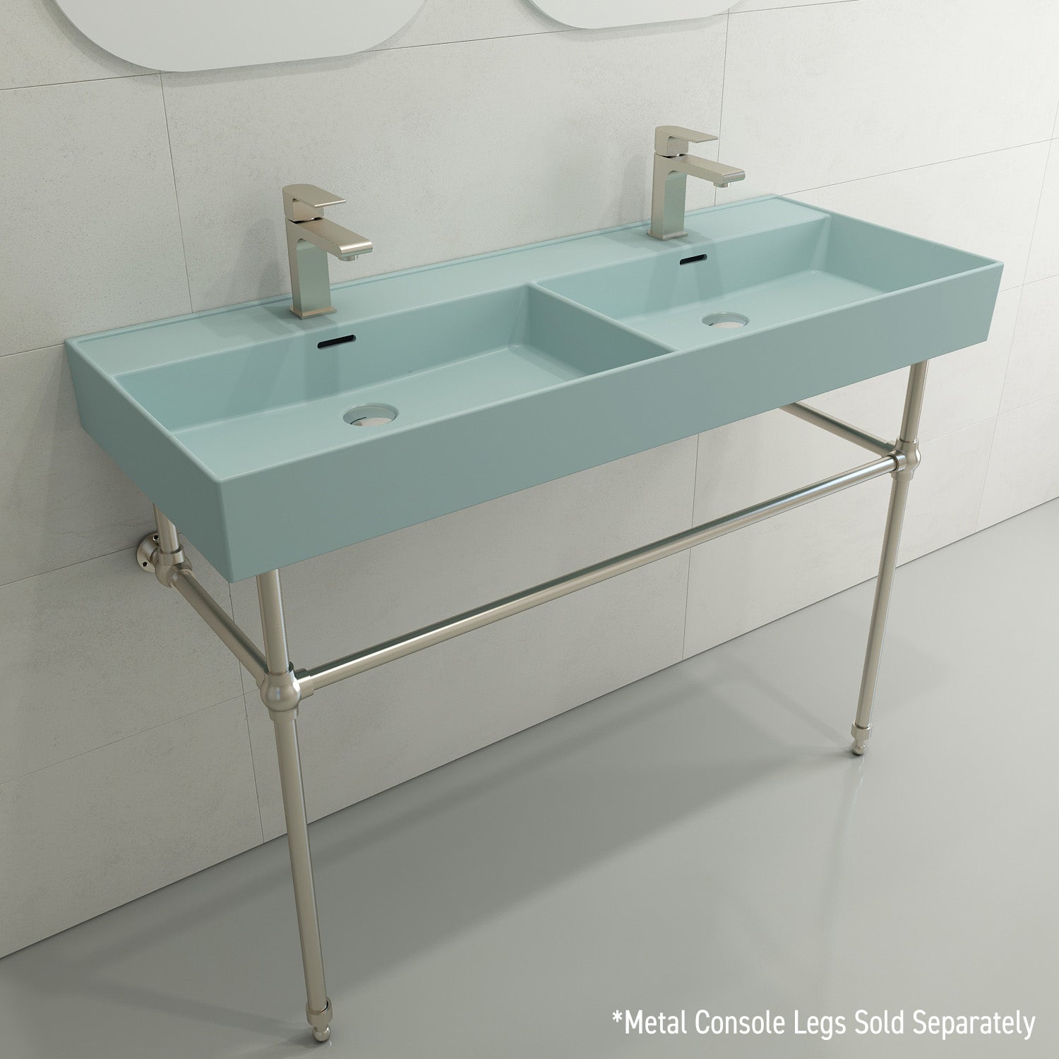 BOCCHI Milano 48" Rectangle Wallmount Fireclay Bathroom Sink, Double Basin, Matte Ice Blue, Single Faucet Hole, 1393-029-0132