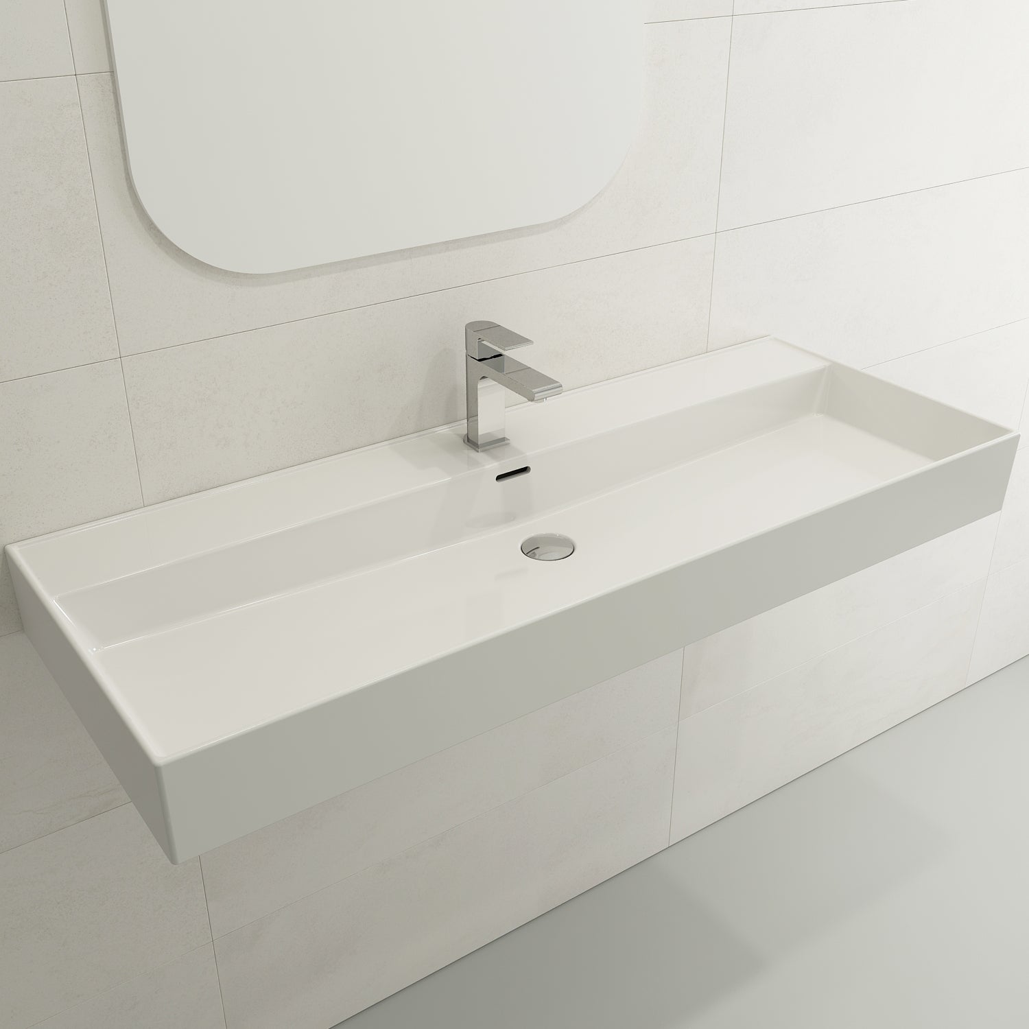 BOCCHI Milano 48" Rectangle Wallmount Fireclay Bathroom Sink, White, Single Faucet Hole, 1394-001-0126