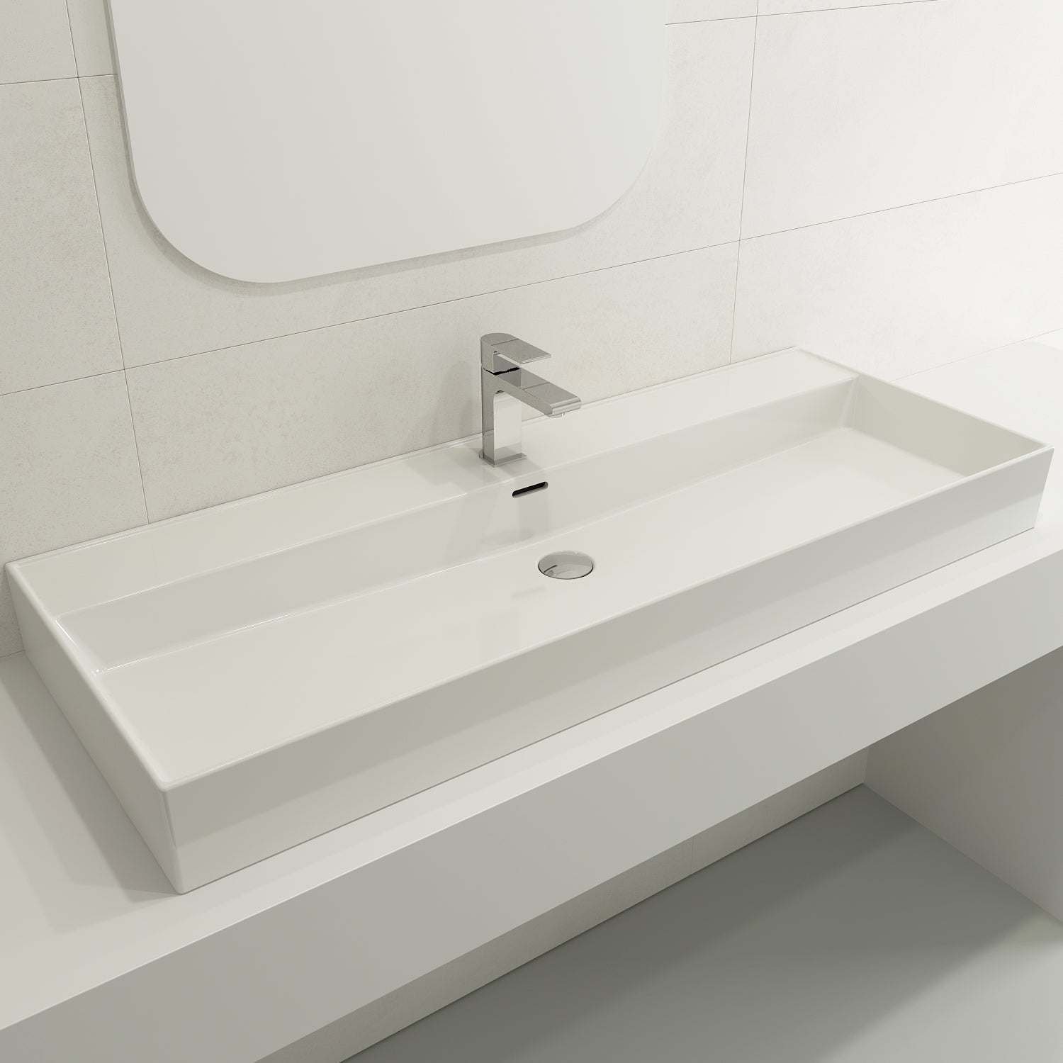 BOCCHI Milano 48" Rectangle Wallmount Fireclay Bathroom Sink, White, Single Faucet Hole, 1394-001-0126