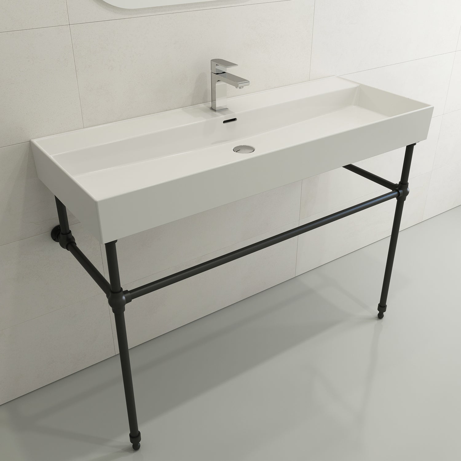 BOCCHI Milano 48" Rectangle Wallmount Fireclay Bathroom Sink, White, Single Faucet Hole, 1394-001-0126